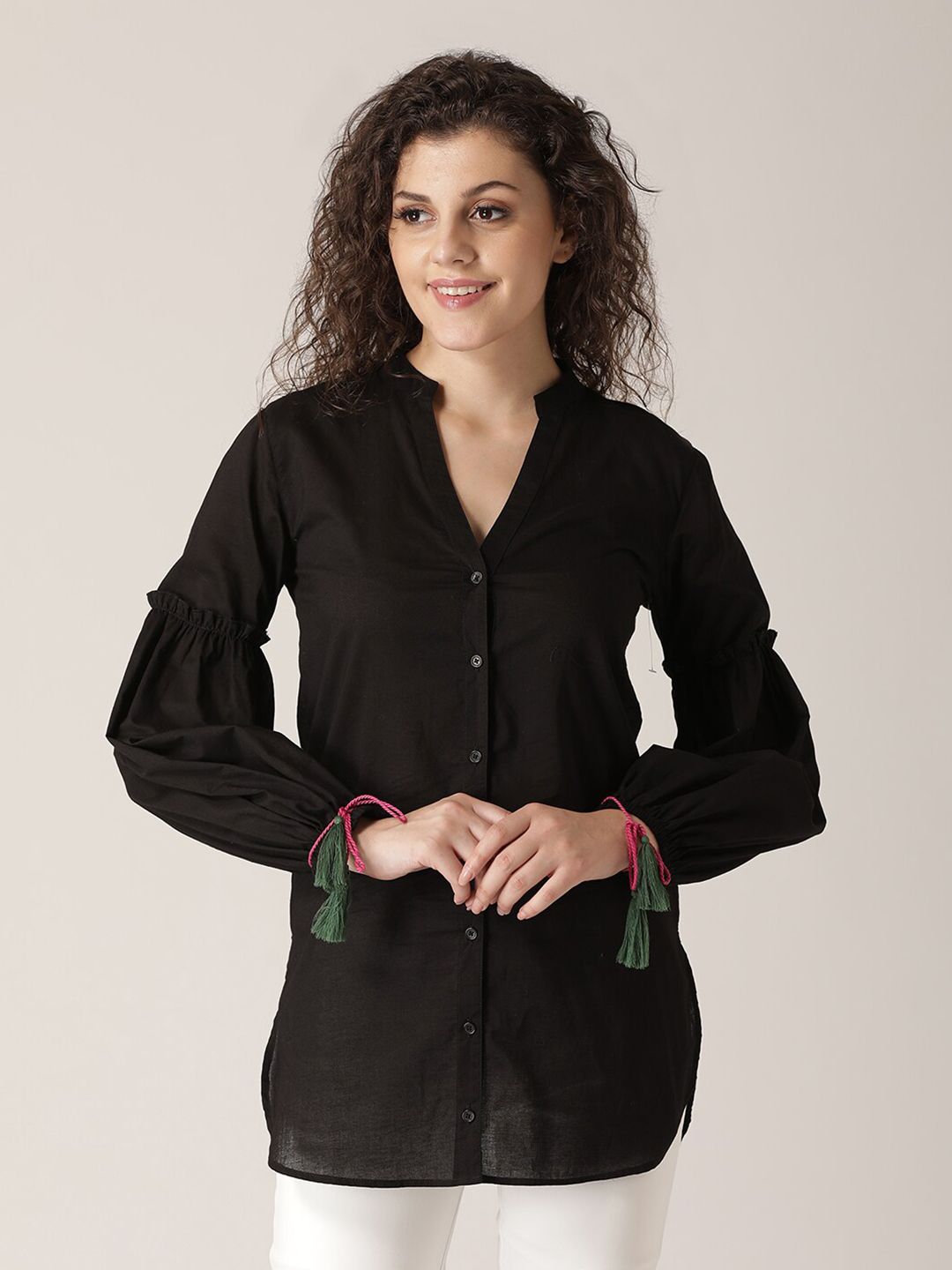 DressBerry Black & licorice Mandarin Collar Shirt Style Top Price in India