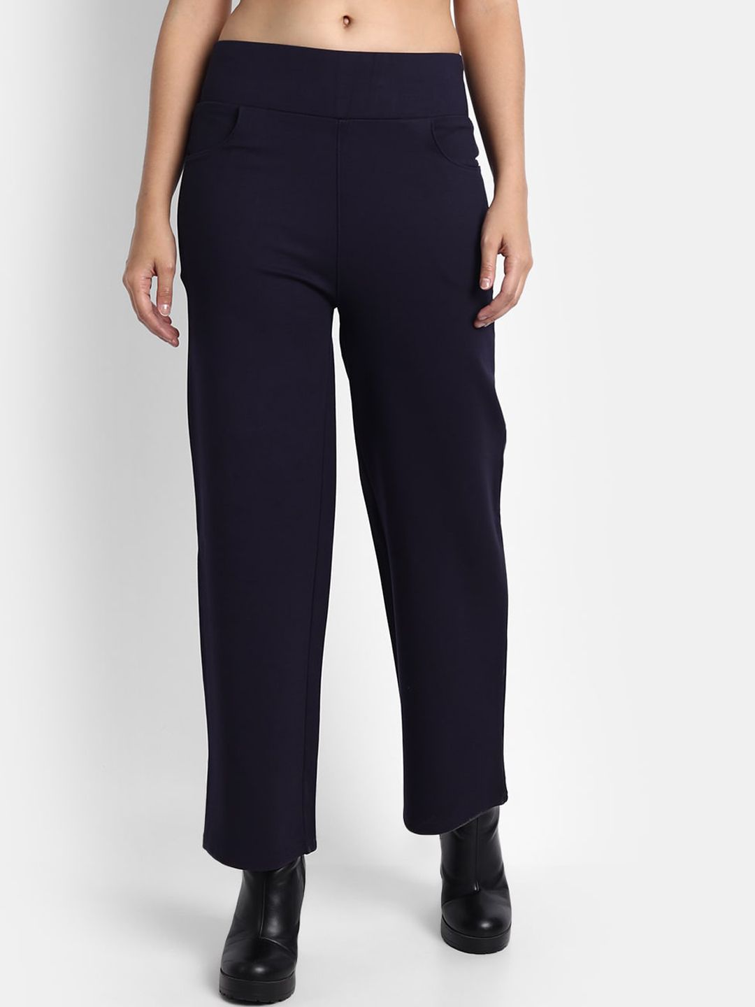 BROADSTAR Women Navy Blue Straight Fit High-Rise Trousers Price in India