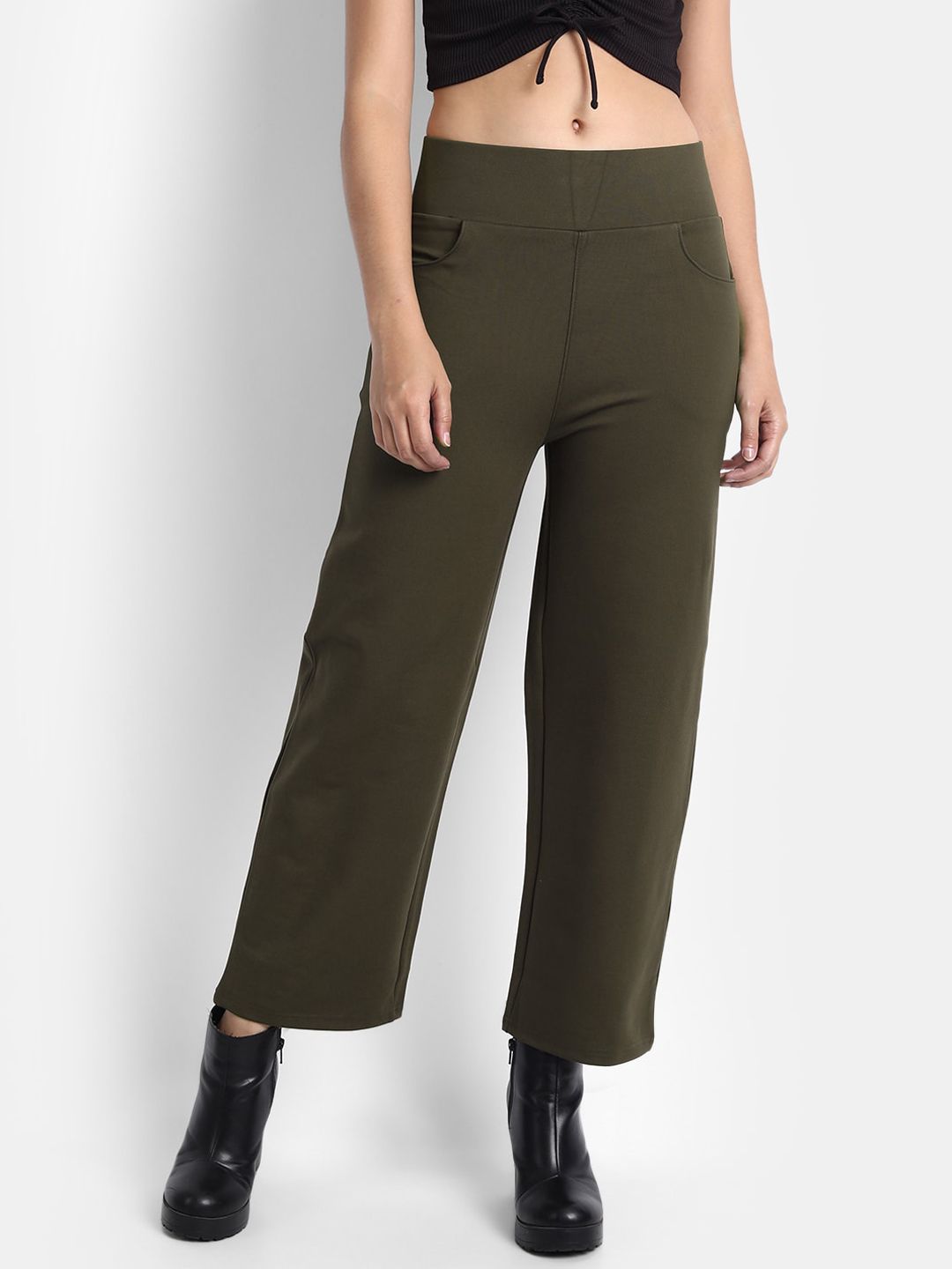 BROADSTAR Women Olive Green Straight Fit High-Rise Trousers Price in India