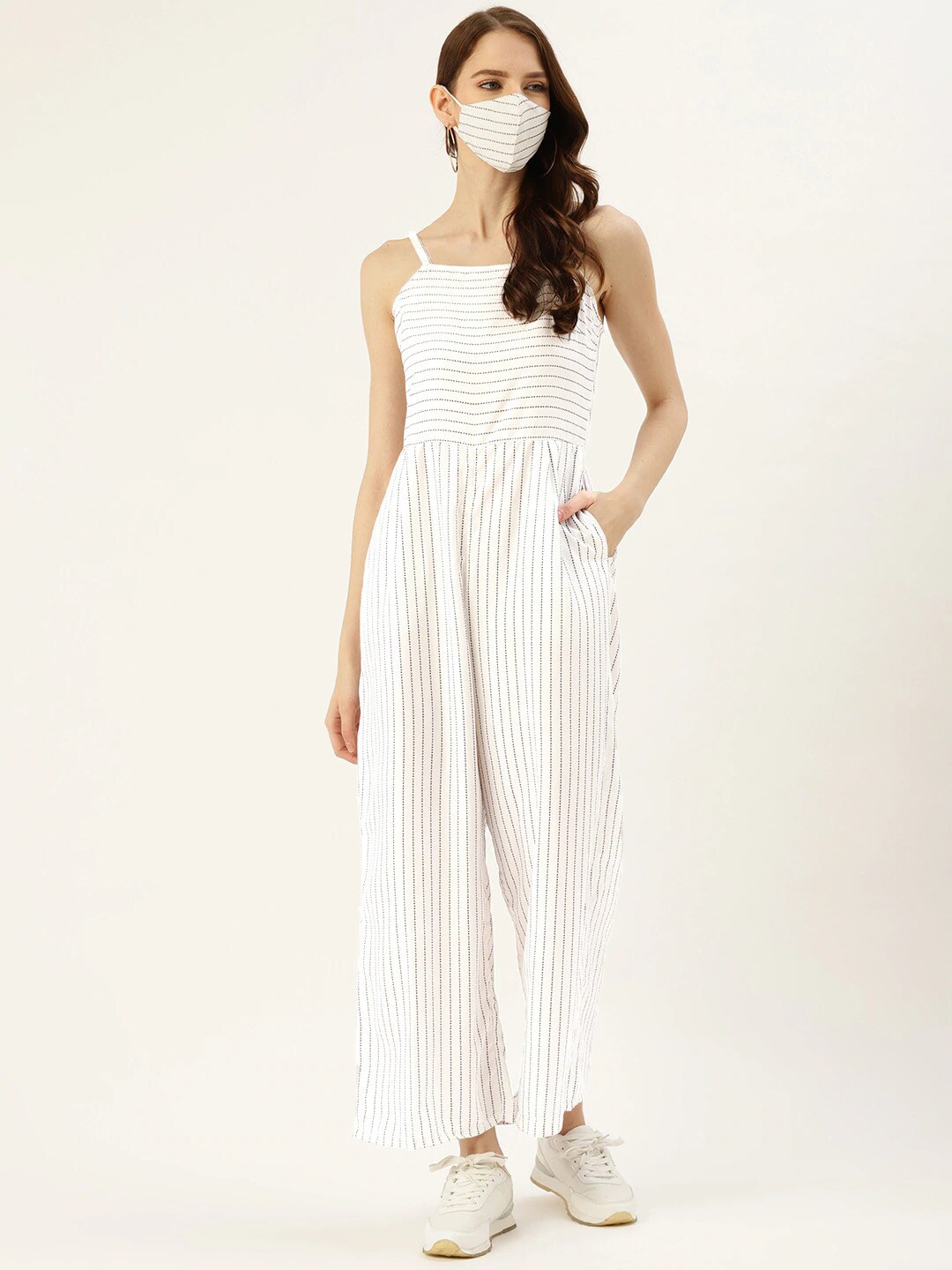 DressBerry White & Black Striped Basic Jumpsuit Price in India