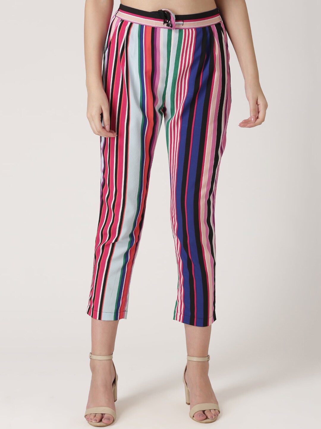 DressBerry Women Multicoloured Striped Relaxed Slim Fit Easy Wash Trousers Price in India