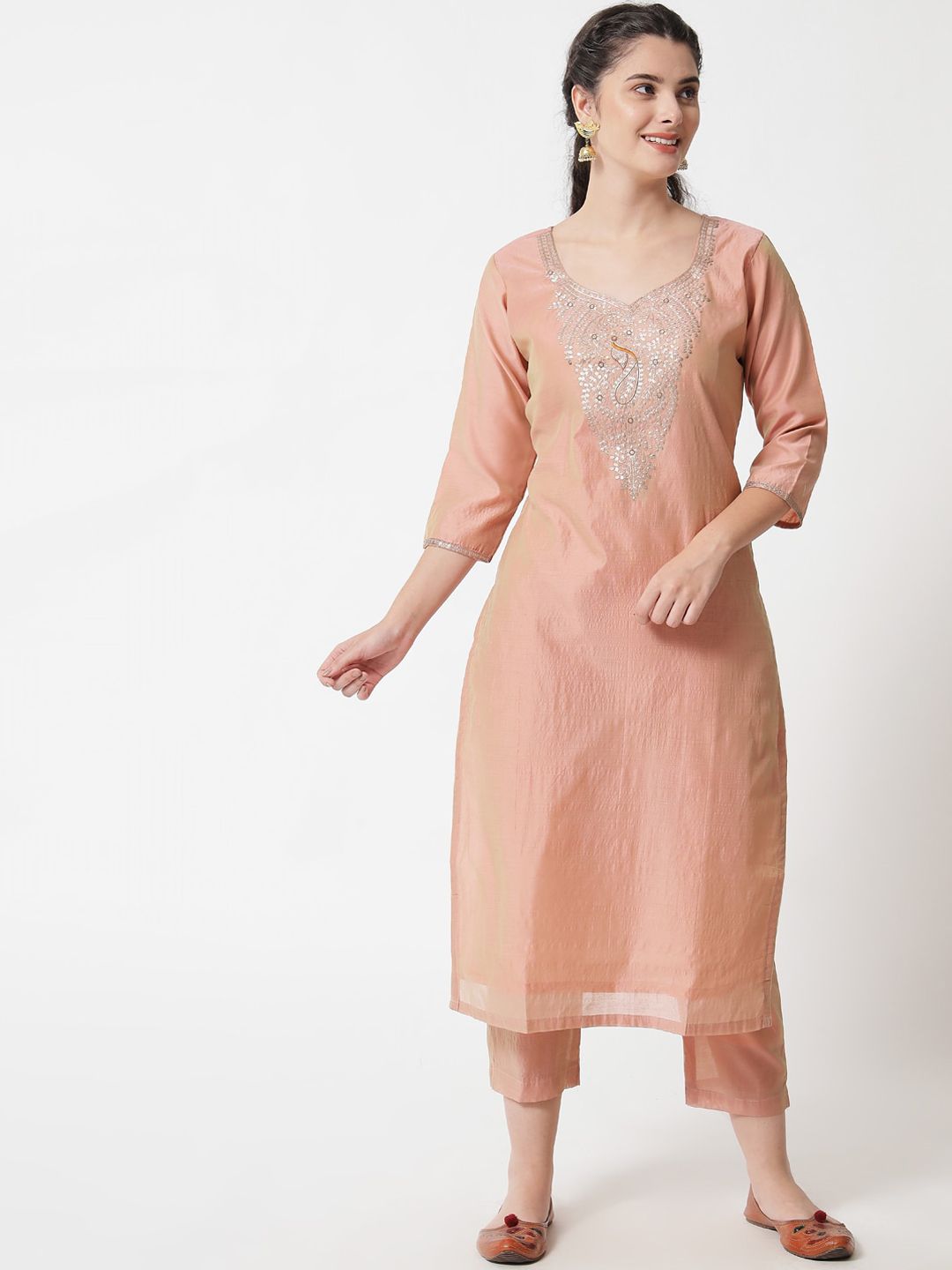 Aujjessa Women Brown Embroidered Thread Work Chanderi Silk Kurta with Trousers & With Dupatta Price in India