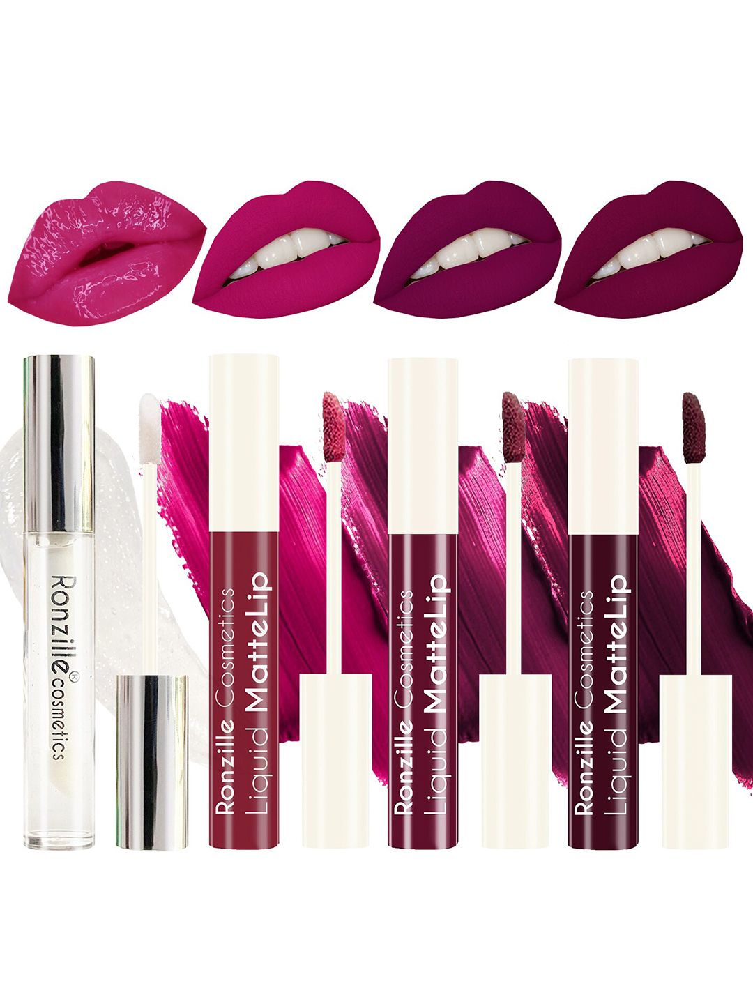 Ronzille Purple Pack of 4 Non Transfer Liquid Matte Lipstick with Lip Gloss Price in India