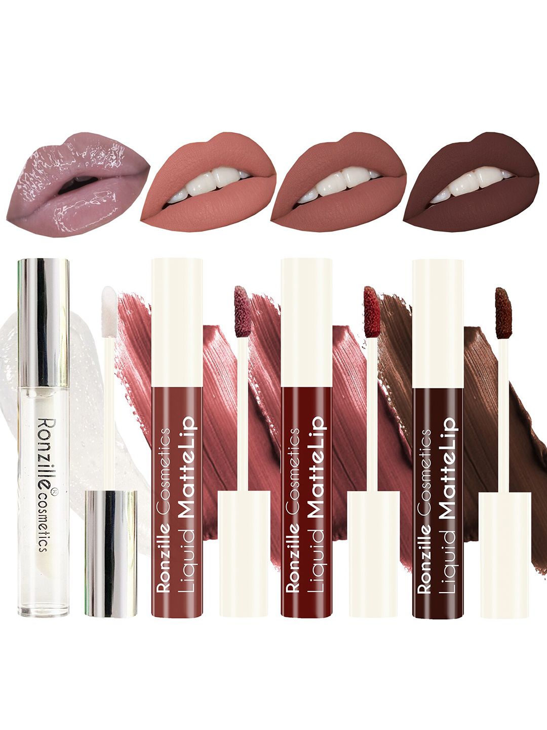 Ronzille Set of 4 Nude Liquid Matte Lipstick with Lip Gloss Price in India