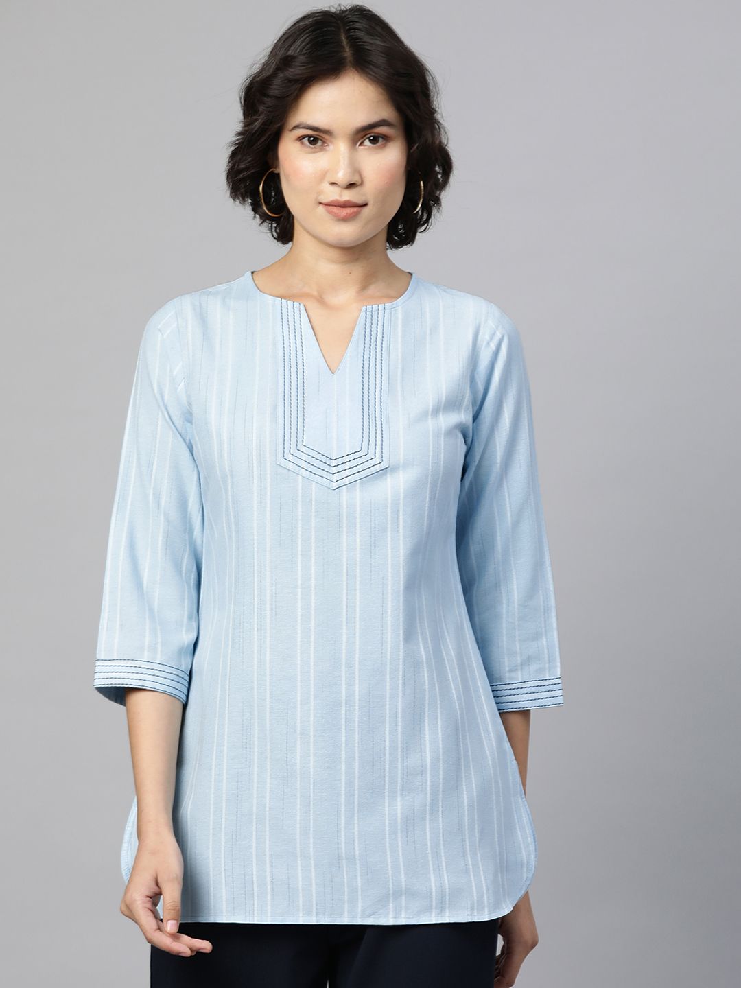 Cottinfab Blue Striped Pure Cotton Kurti Price in India