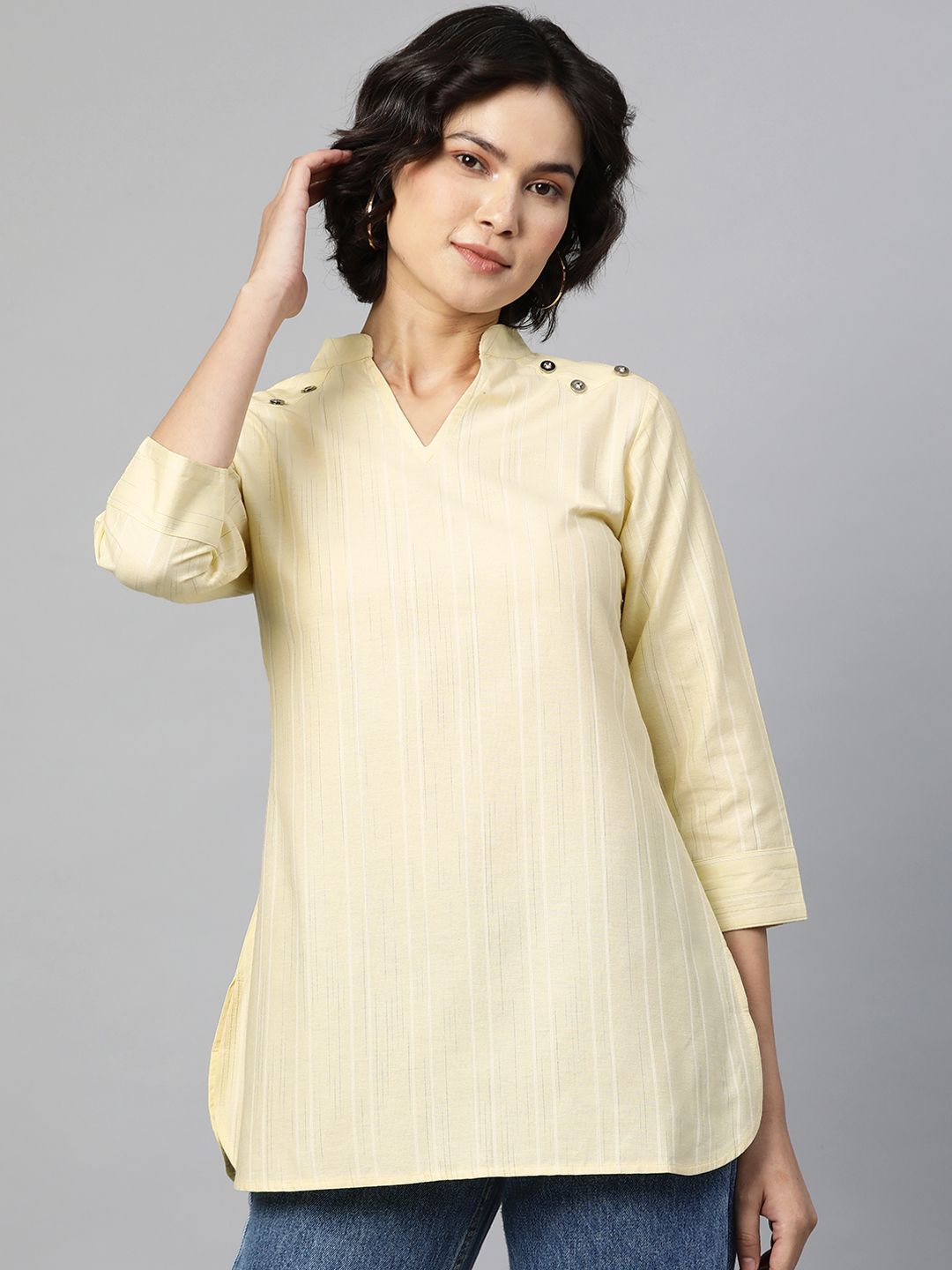 Cottinfab Yellow Striped Pure Cotton Kurti Price in India