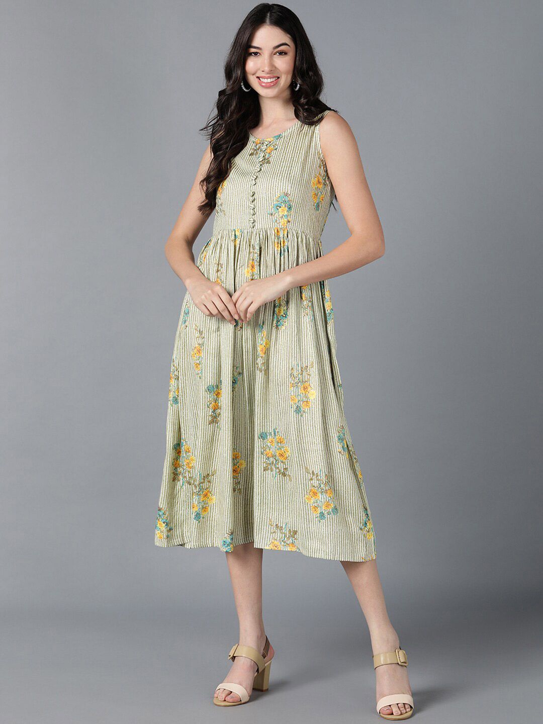 AHIKA White Floral A-Line Midi Dress Price in India