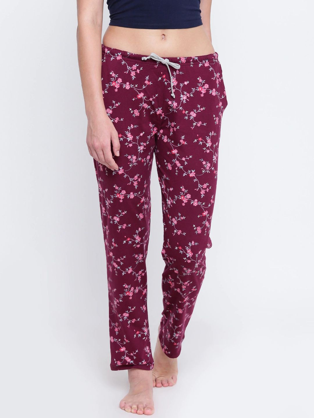Kanvin Women Maroon Printed Cotton Lounge Pants Price in India