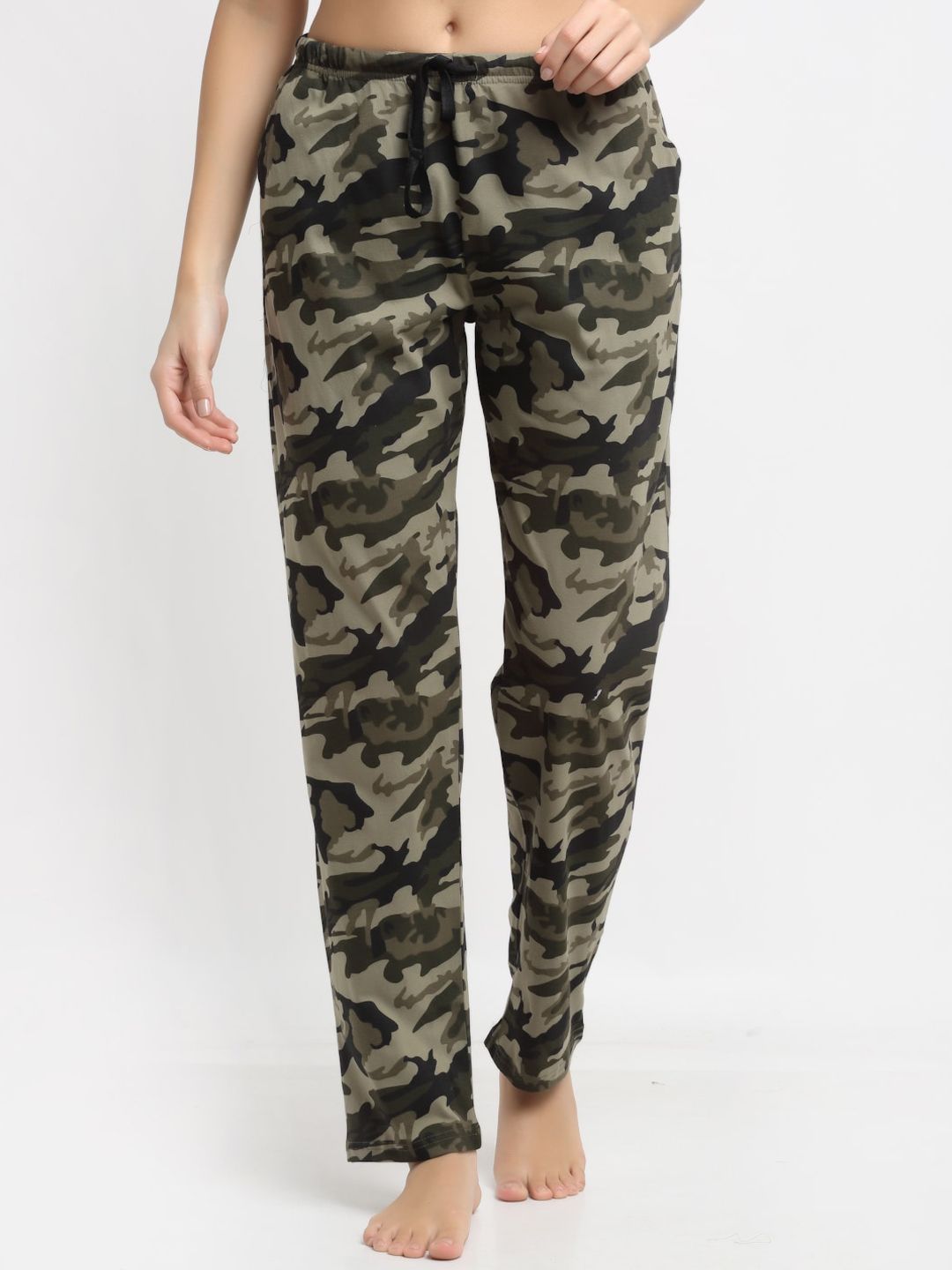 Kanvin Women Green Camouflage Printed Cotton Lounge Pants Price in India