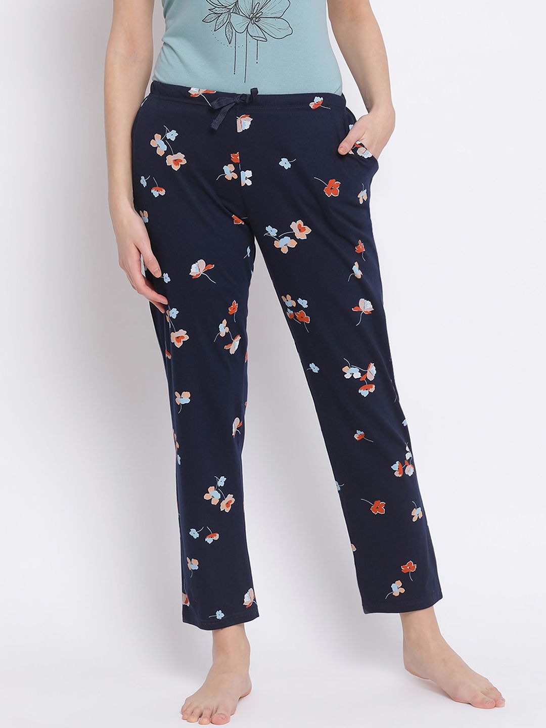 Kanvin Navy Blue Floral Printed Lounge Pants Price in India