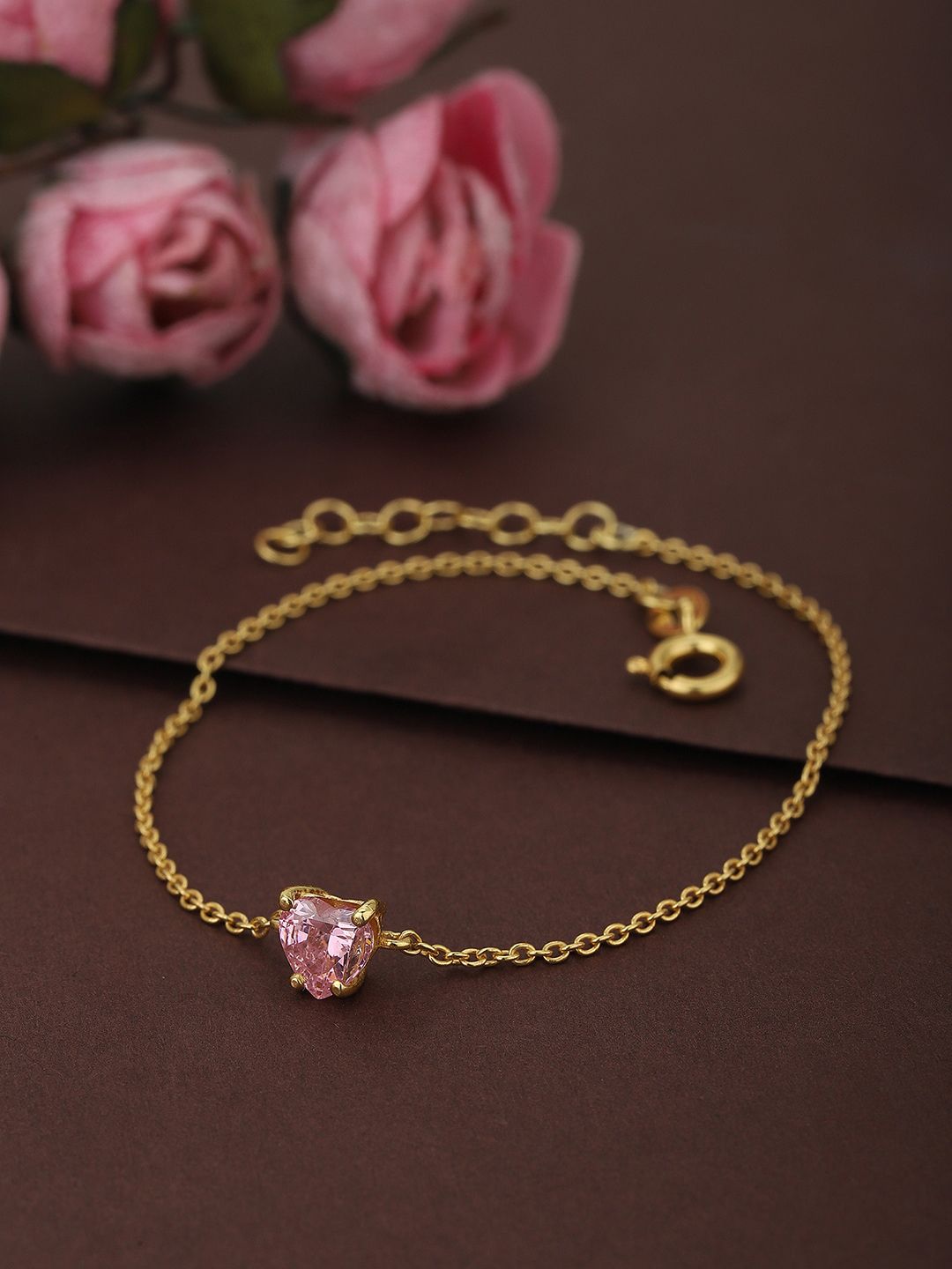VANBELLE Women Gold-Toned & Pink Sterling Silver Cubic Zirconia Handcrafted Gold-Plated Charm Bracelet Price in India