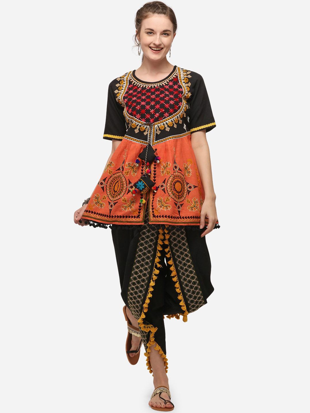 MESMORA FASHION Women Black Orange & Red  Embroidered Organic Cotton Co-Ords Set Price in India