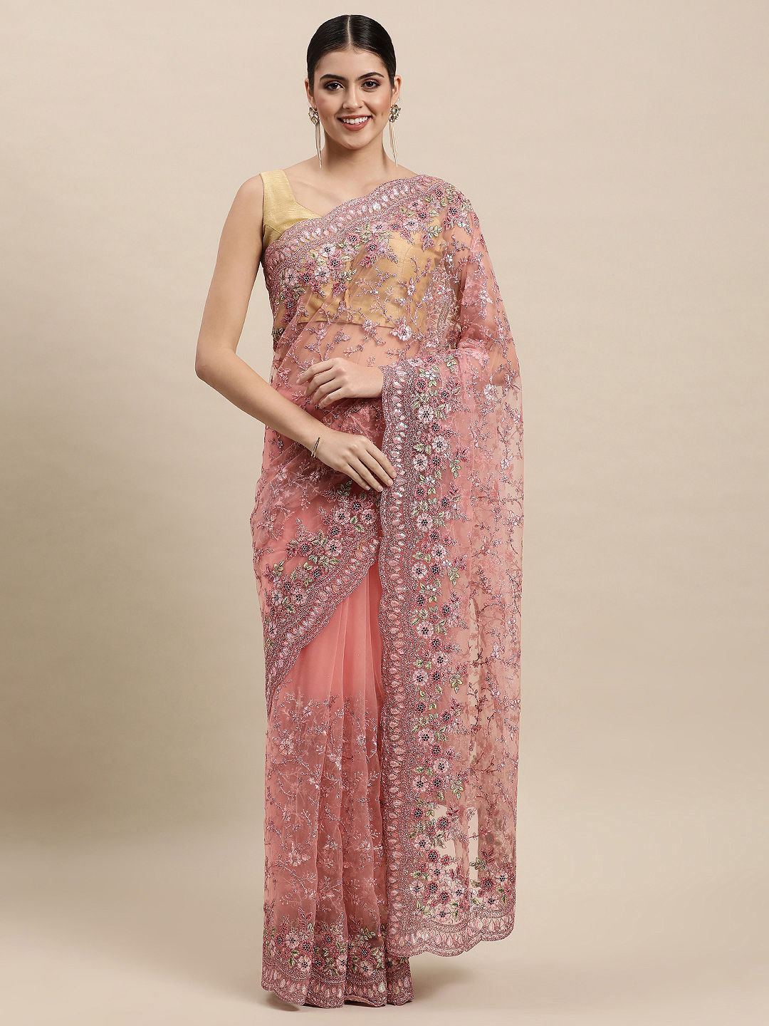 MOHEY Pink Floral Embroidered Net Saree Price in India