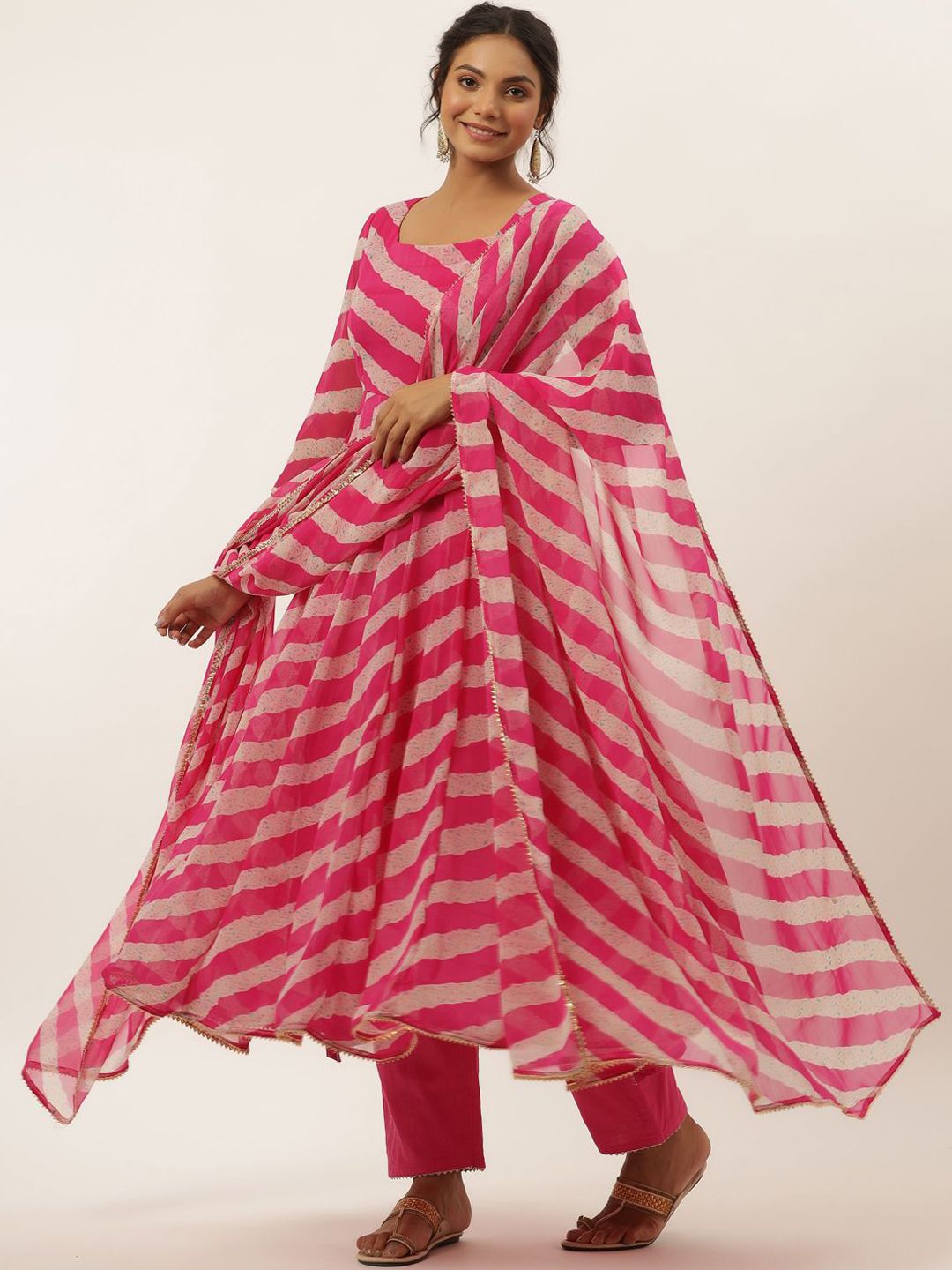 HOUSE OF JAMOTI Women Pink Striped Layered Kurti with Trousers & With Dupatta Price in India
