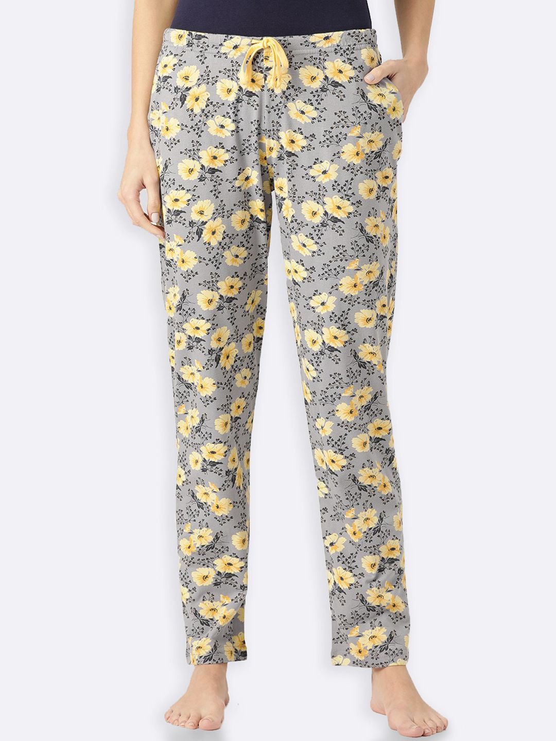 Kanvin Women Grey & Yellow Floral Pure Cotton Lounge Pants Price in India