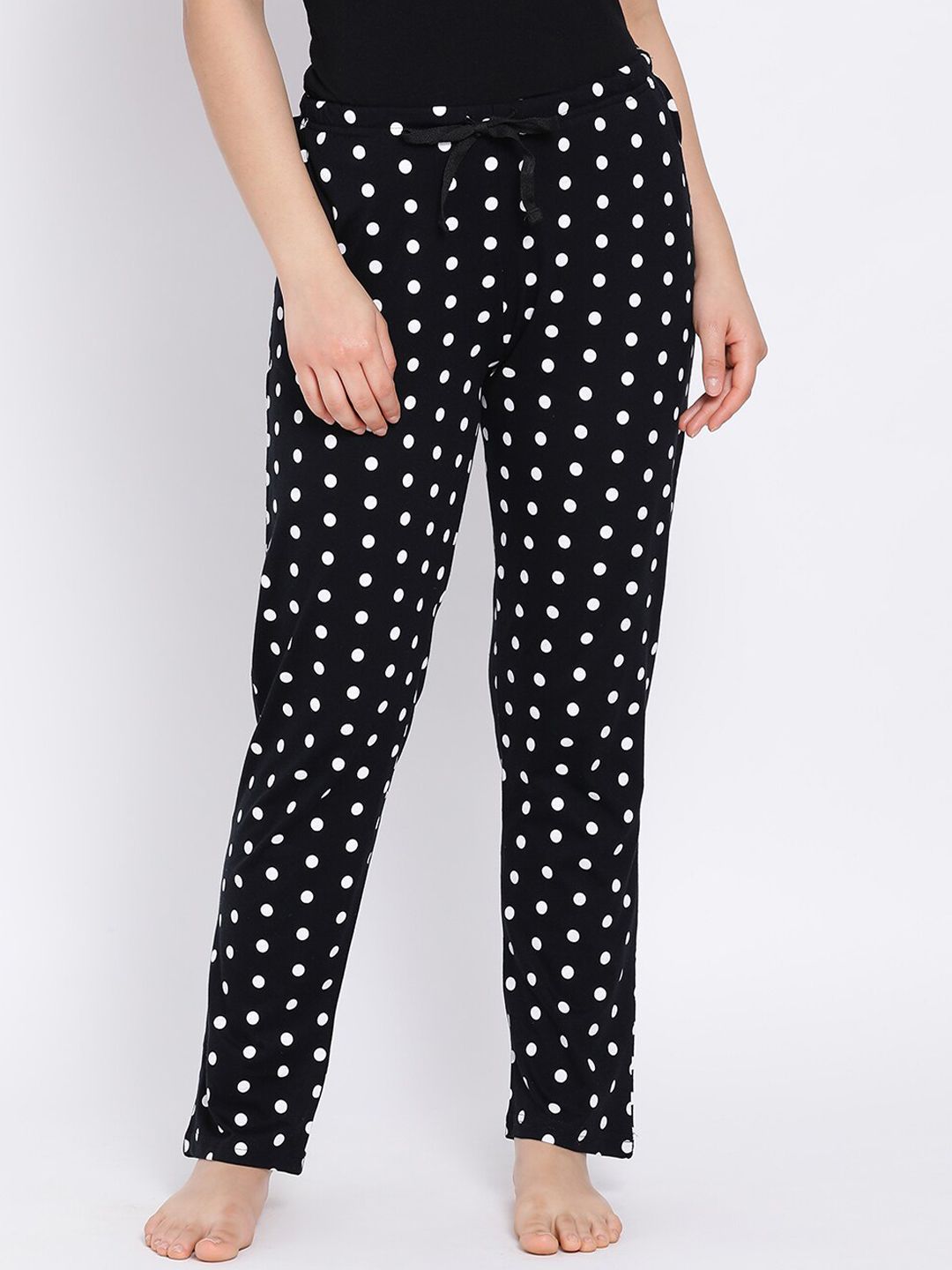 Kanvin Women Black & White Polka Dots Printed Cotton Lounge Pants Price in India