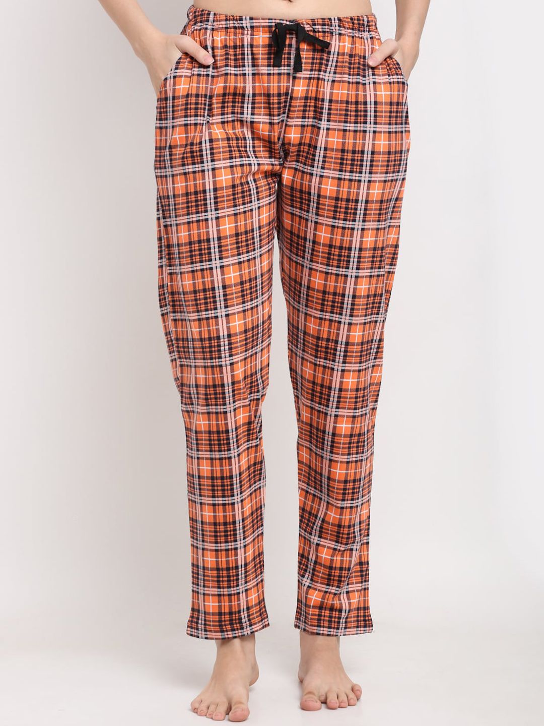 Kanvin Women Orange & Black Checked Pure Cotton Lounge Pants Price in India