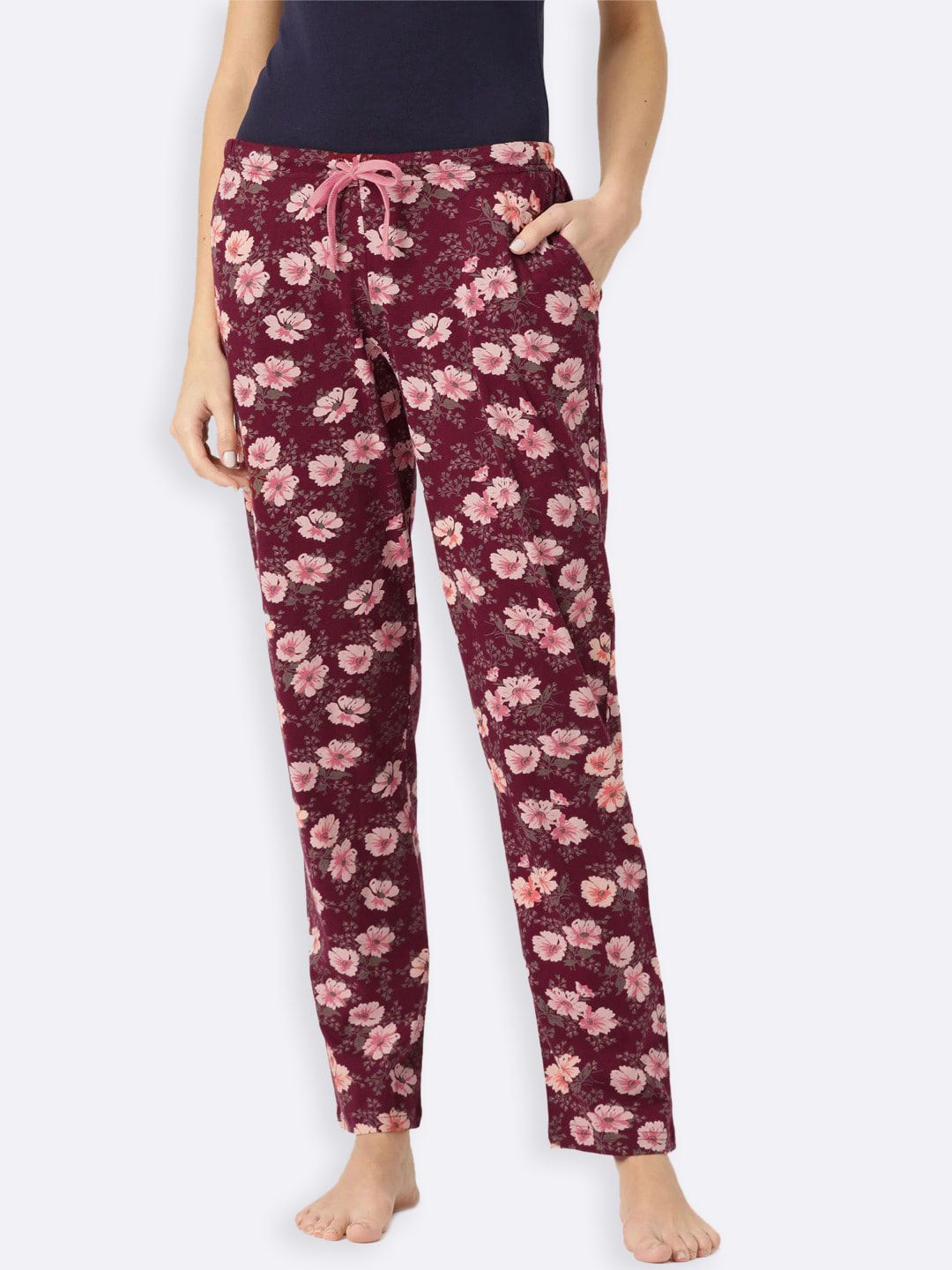 Kanvin Women Burgundy & Peach-Coloured Printed Cotton Lounge Pants Price in India