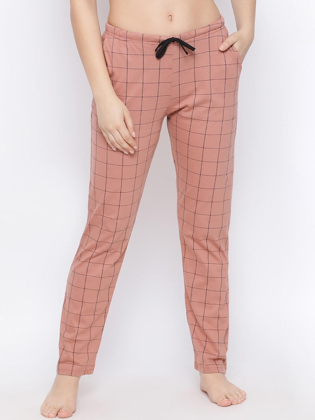 Kanvin Women Peach-coloured Checked Pure Cotton Lounge Pants Price in India