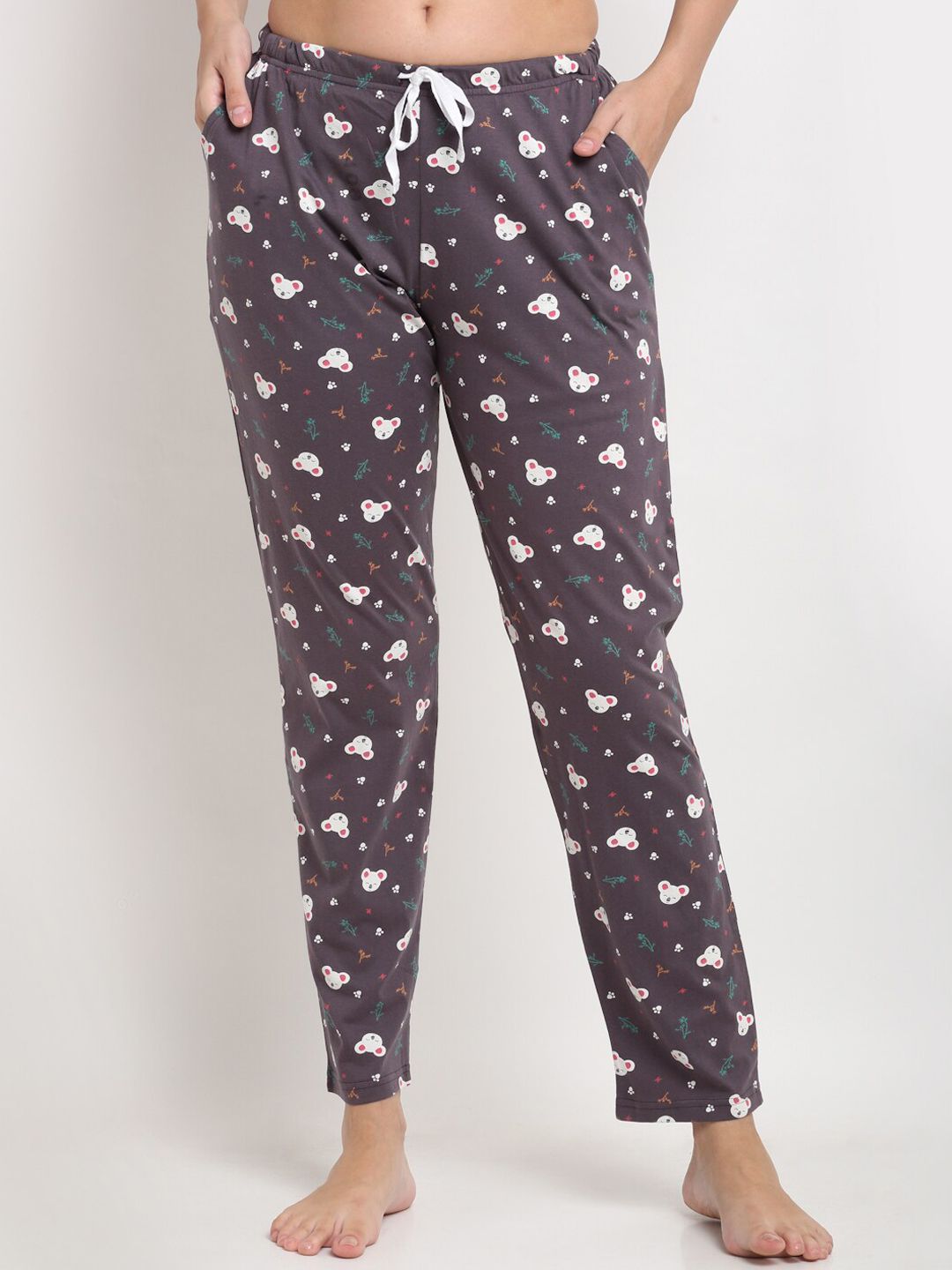 Kanvin Women Grey & White Printed Pure Cotton Lounge Pants Price in India