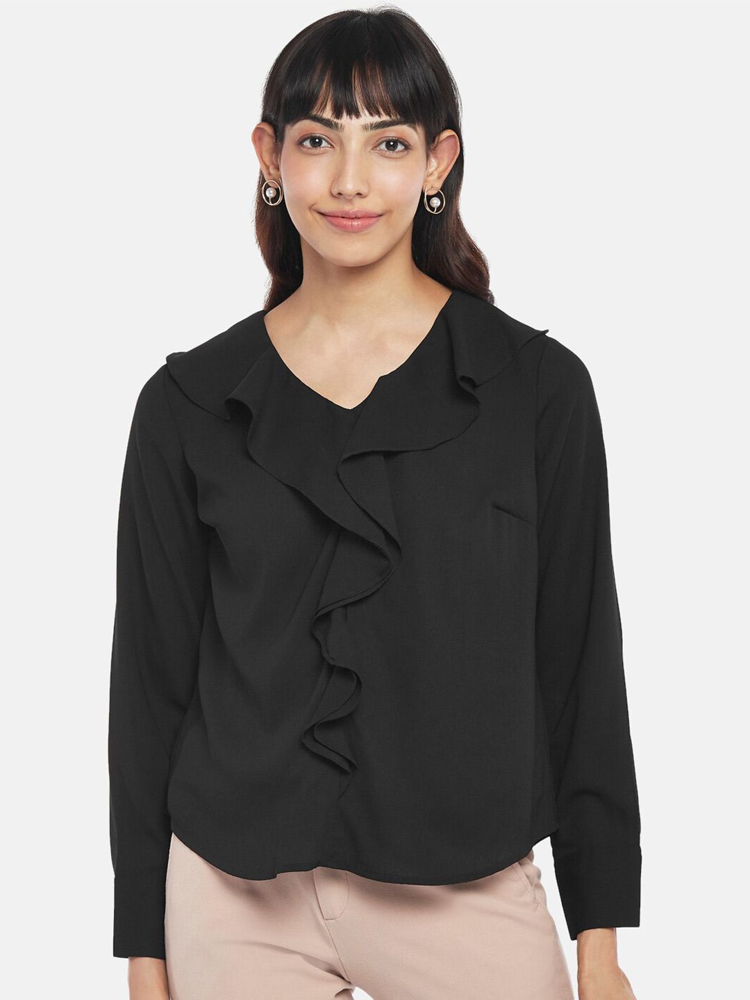 Annabelle by Pantaloons Black Solid Ruffles Top Price in India