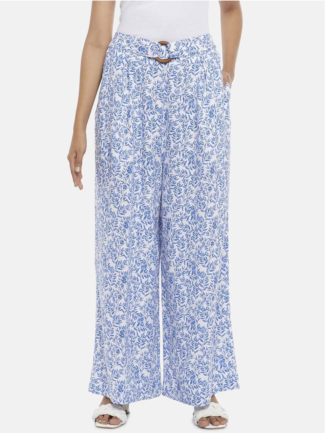 Honey by Pantaloons Women Blue Floral Printed High-Rise Pleated Trousers Price in India