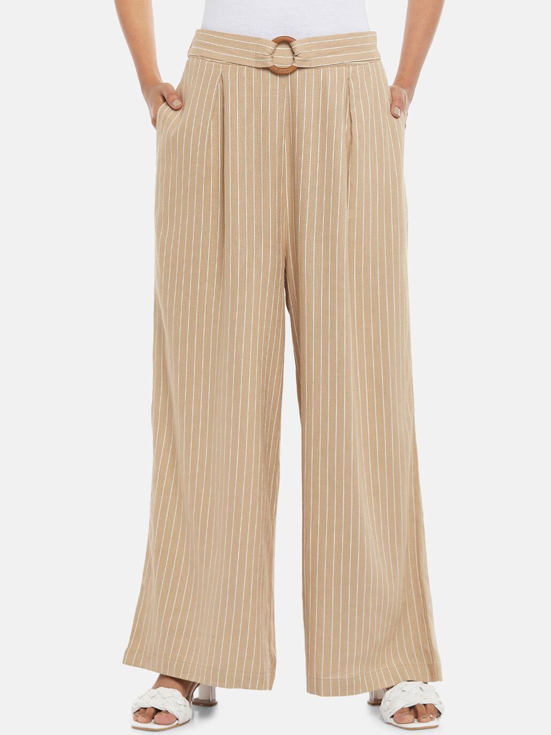 Honey by Pantaloons Women Beige Striped High-Rise Pleated Trousers Price in India