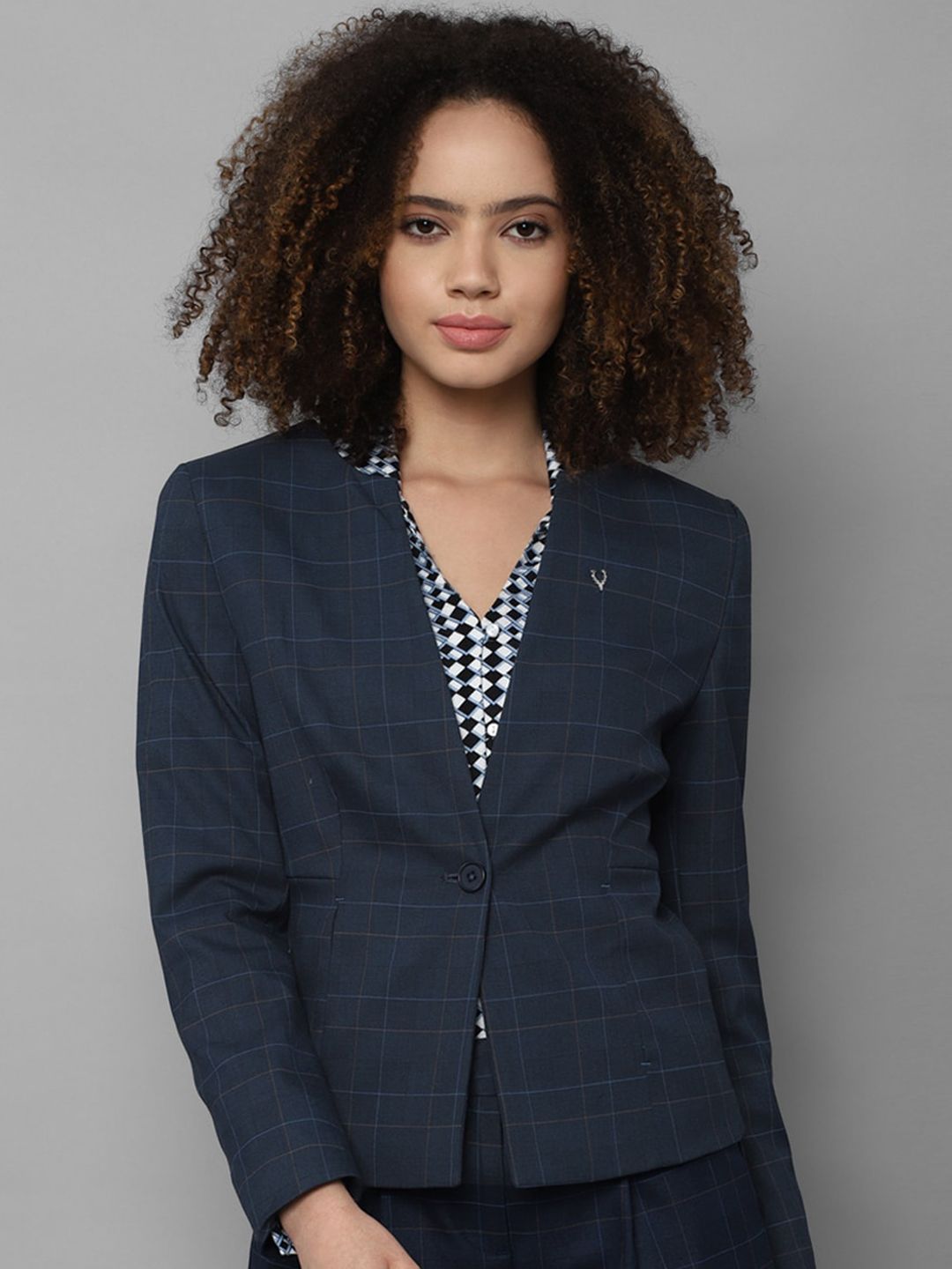 Allen Solly Woman Women Navy Blue Checked Single Breasted Regular Fit Blazers Price in India