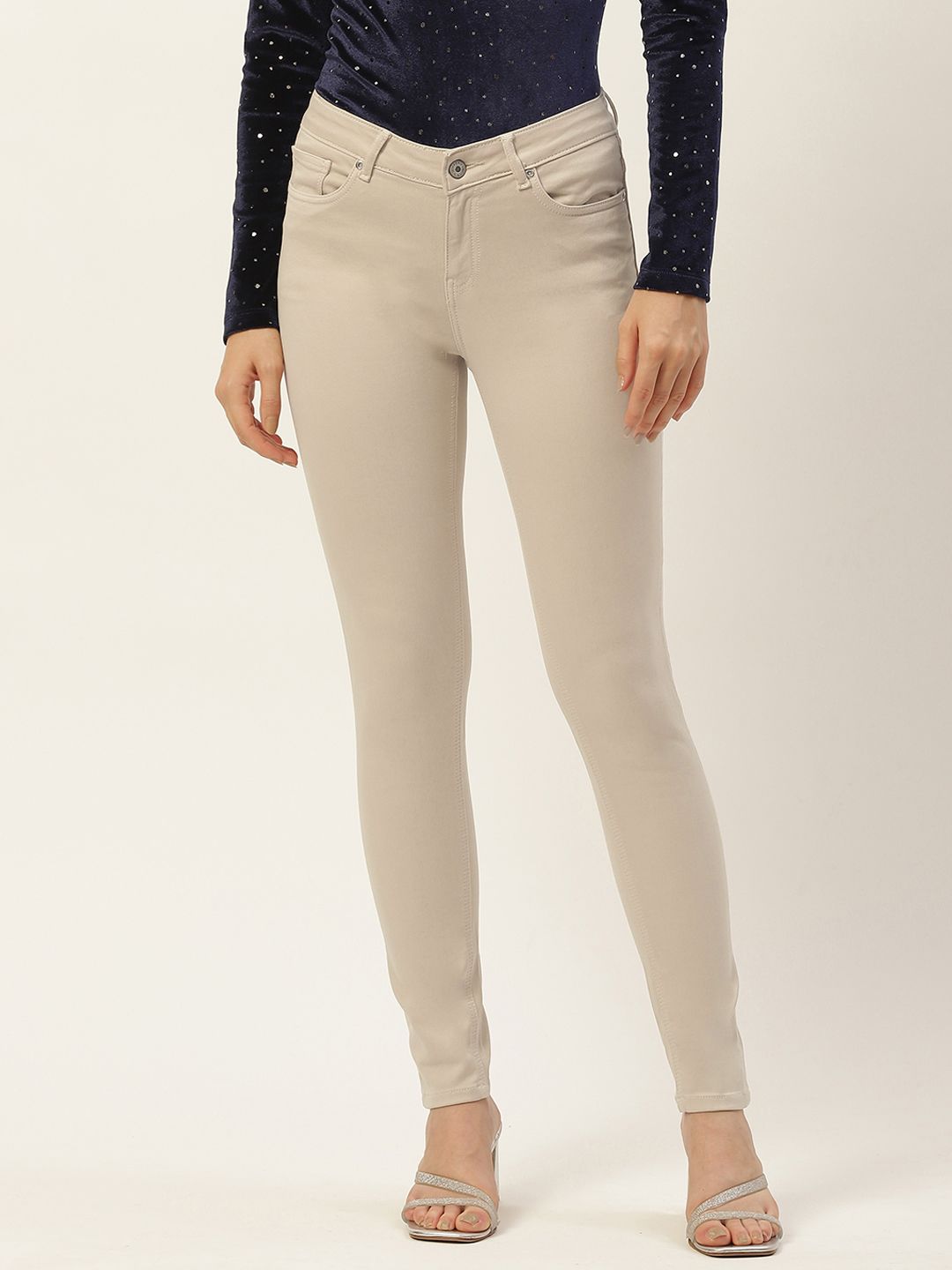 Madame Women Beige Stretchable Jeans Price in India
