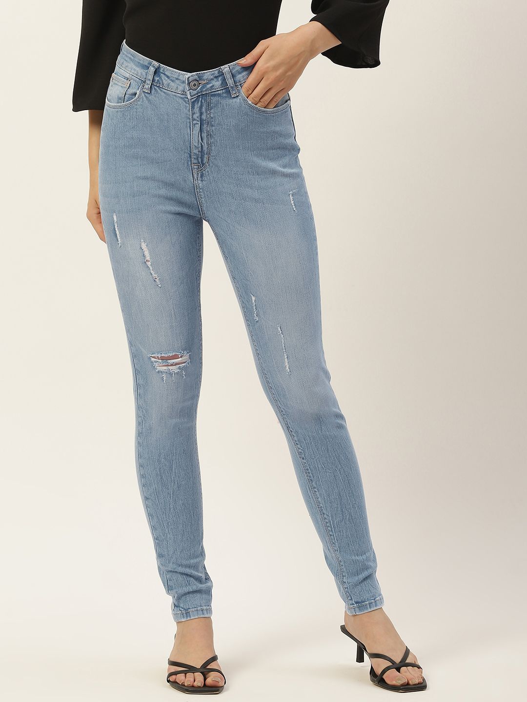 Madame Women Blue Mildly Distressed Stretchable Jeans Price in India