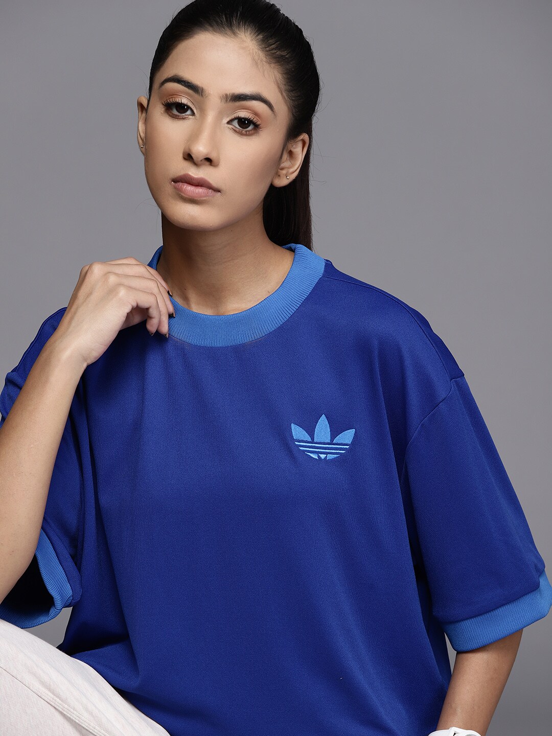 ADIDAS Originals Women Blue Brand Logo Printed Oversized T-shirt Price in India