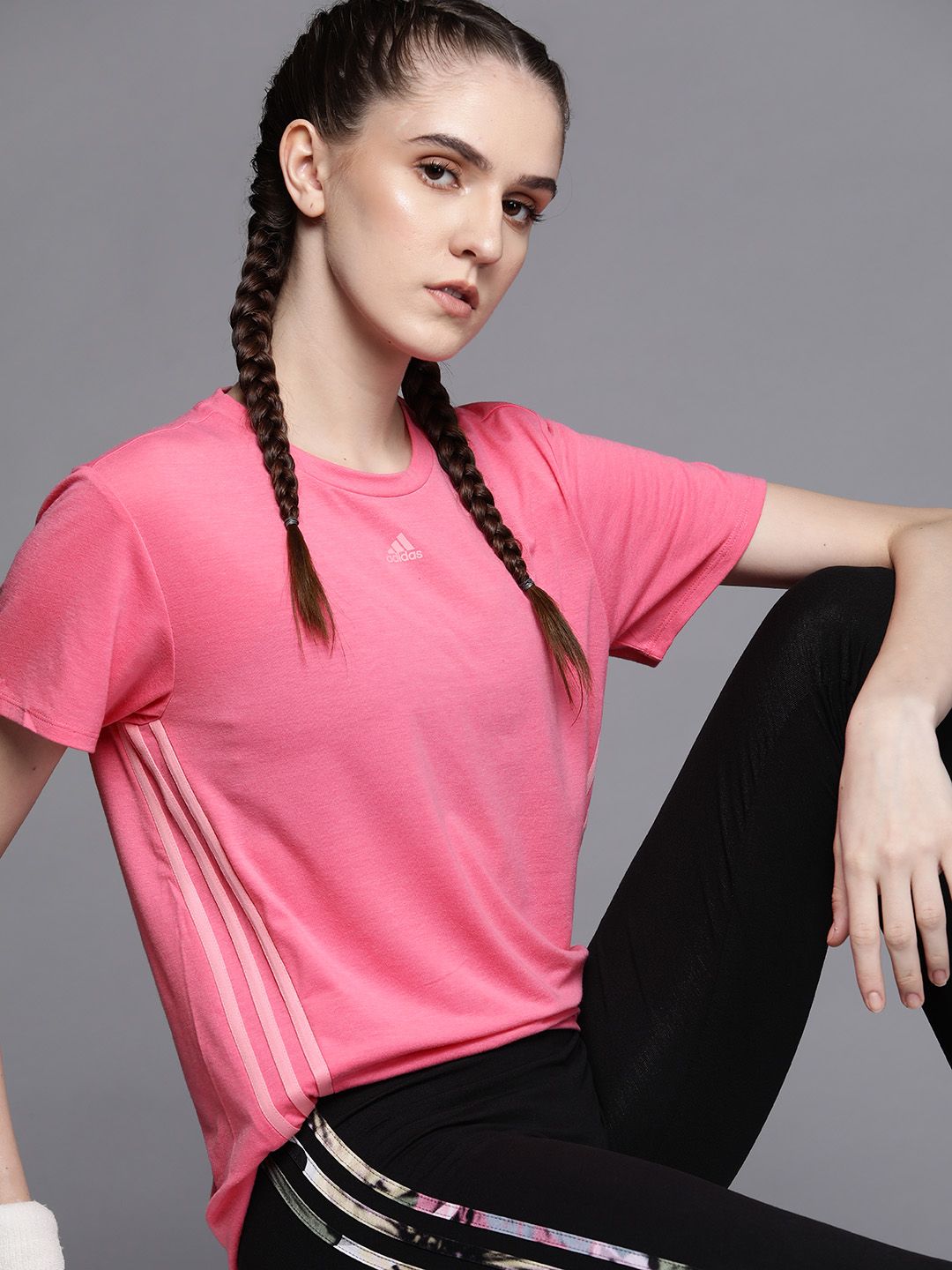 ADIDAS Women Pink Icon 3 Stripes  Training T-shirt Price in India