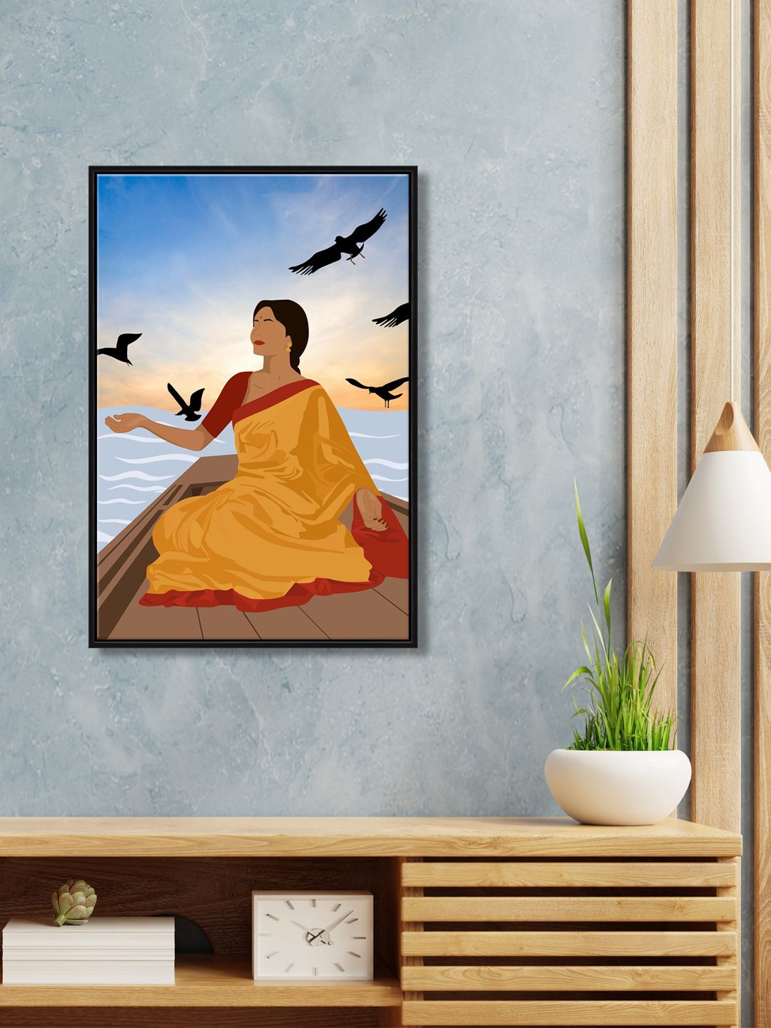 999Store Brown & Blue Lady Singing In Boat Canvas Wall Art Price in India
