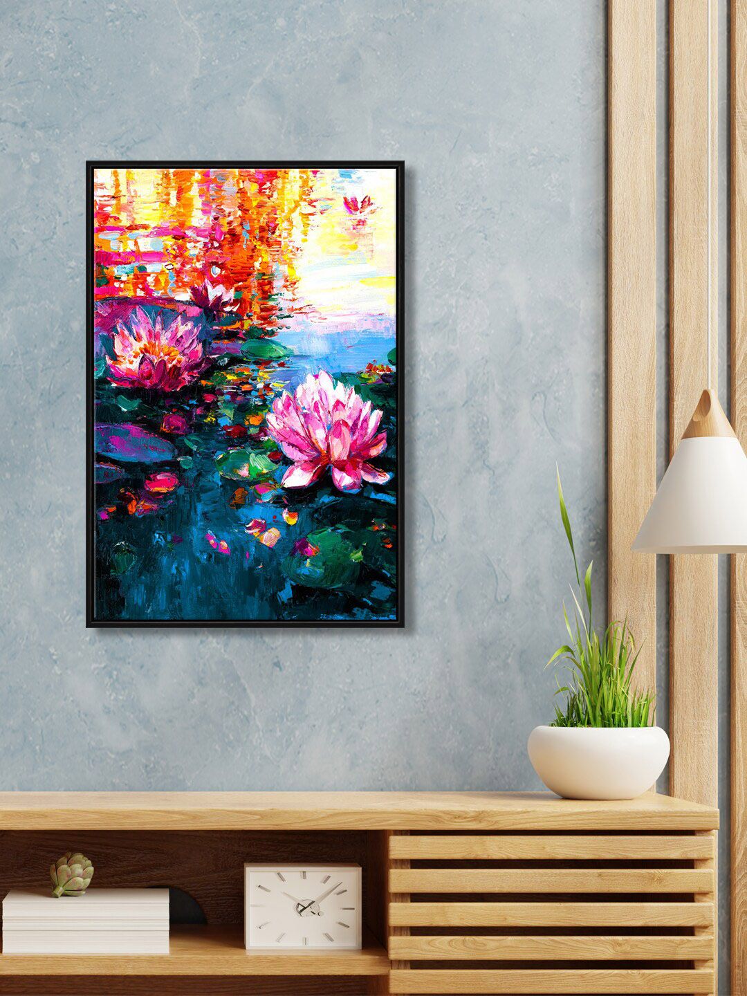 999Store Pink & Blue Lotus Flower Printed Framed Wall Painting Price in India