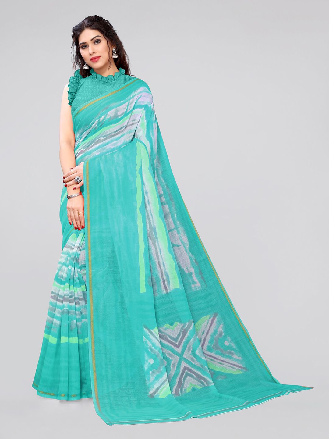 MIRCHI FASHION Turquoise Blue & White Tie and Dye Saree