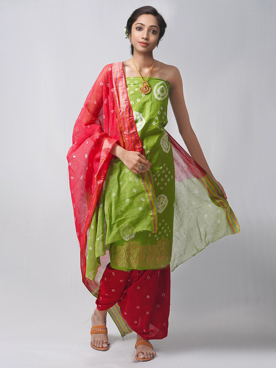 Unnati Silks Green & Red Dyed Pure Cotton Unstitched Dress Material Price in India