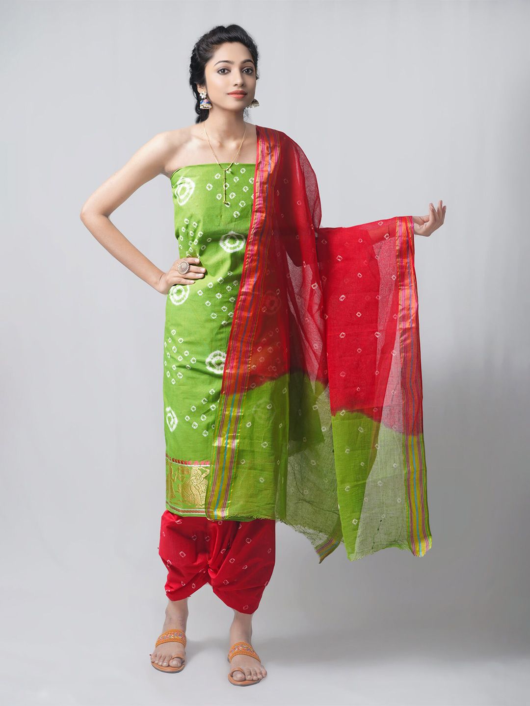 Unnati Silks Red & Green Dyed Pure Cotton Unstitched Dress Material Price in India