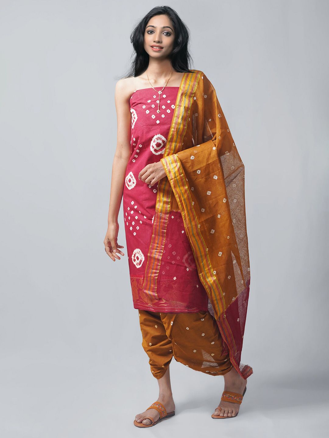 Unnati Silks Maroon & Orange Dyed Pure Cotton Unstitched Dress Material Price in India