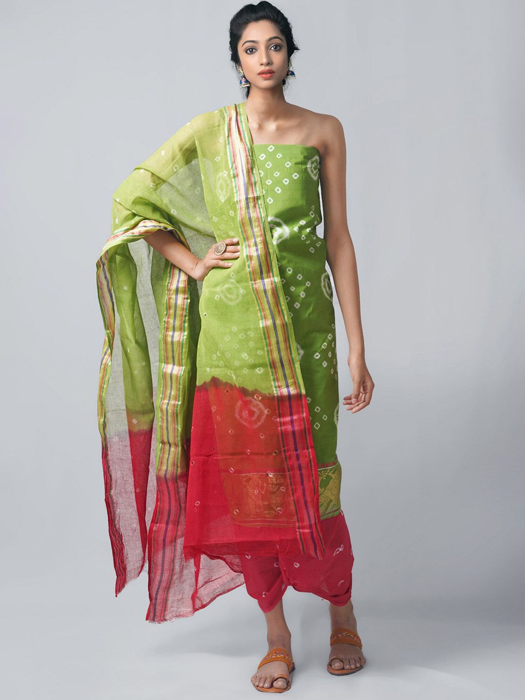 Unnati Silks Red & Green Dyed Pure Cotton Unstitched Dress Material Price in India