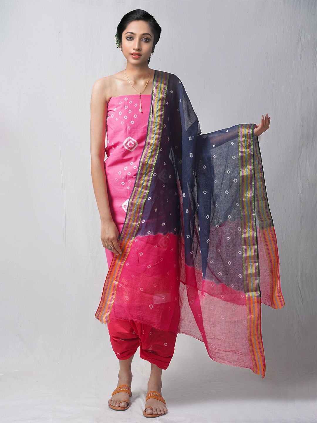 Unnati Silks Pink & Black Dyed Pure Cotton Unstitched Dress Material Price in India