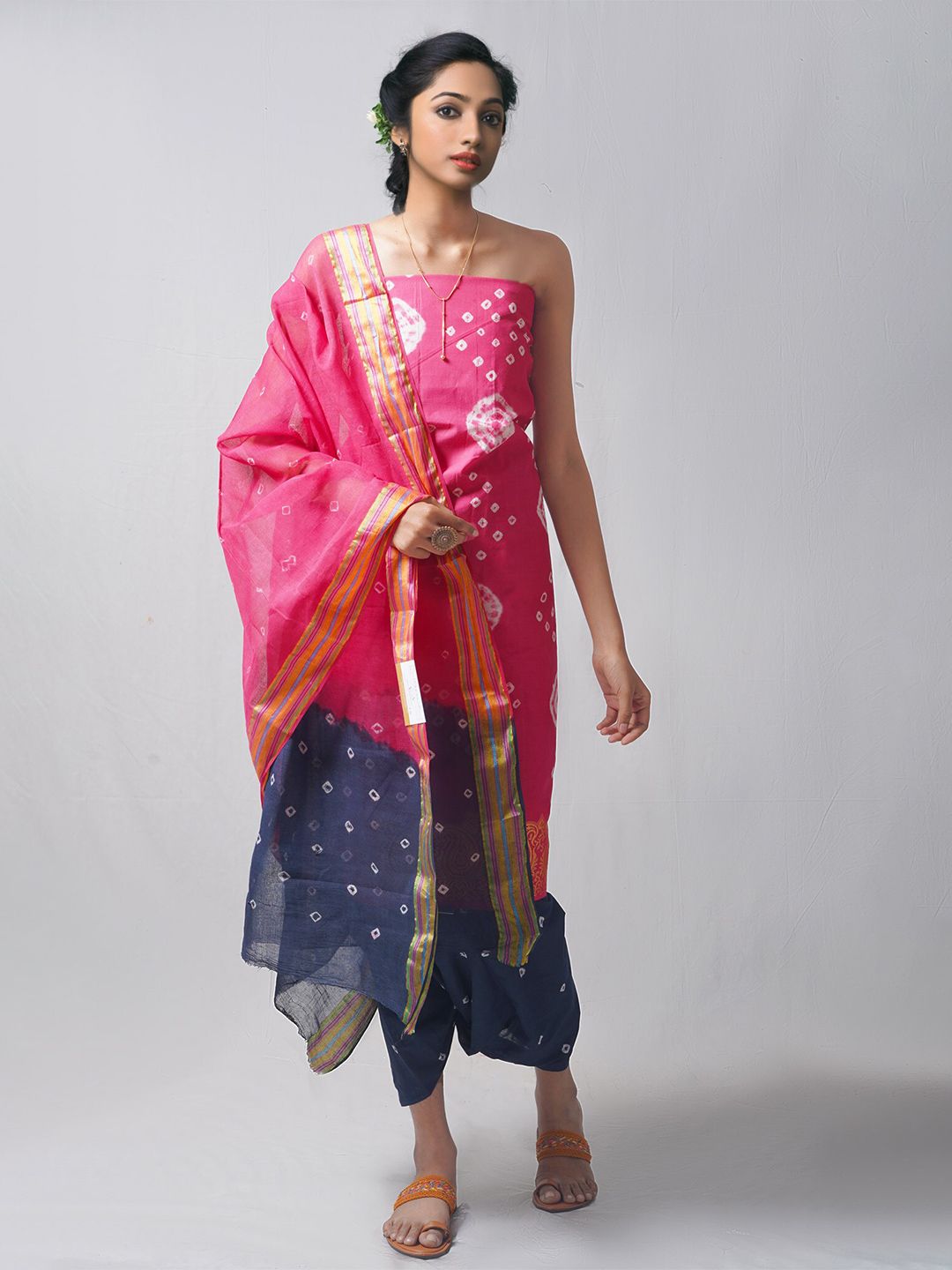 Unnati Silks Pink & Blue Dyed Pure Cotton Unstitched Dress Material Price in India