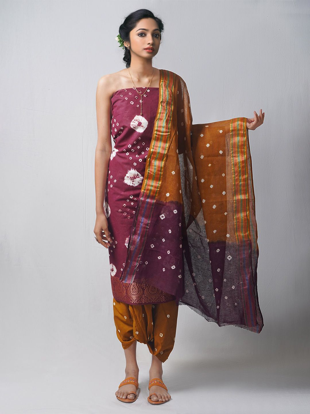 Unnati Silks Purple & Brown Dyed Pure Cotton Unstitched Dress Material Price in India