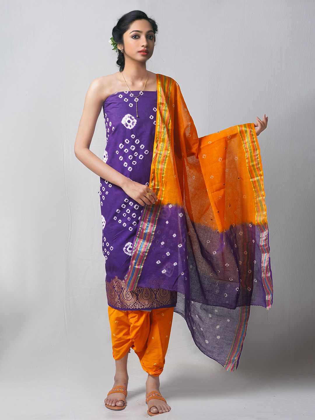 Unnati Silks Violet & Orange Dyed Pure Cotton Unstitched Dress Material Price in India