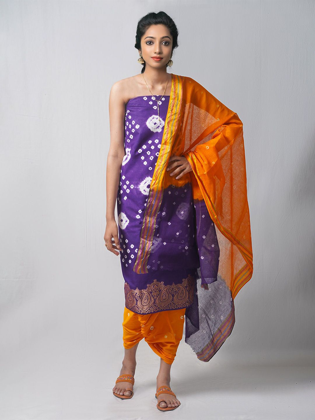 Unnati Silks Violet & Orange Dyed Pure Cotton Unstitched Dress Material Price in India