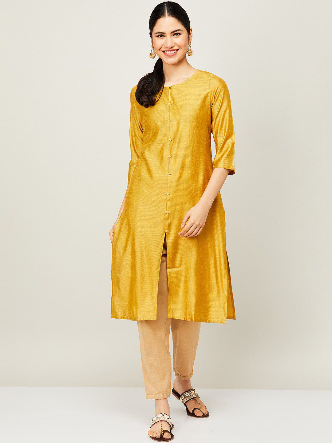 Melange by Lifestyle Women Beige Keyhole Neck Flared Sleeves Kurta