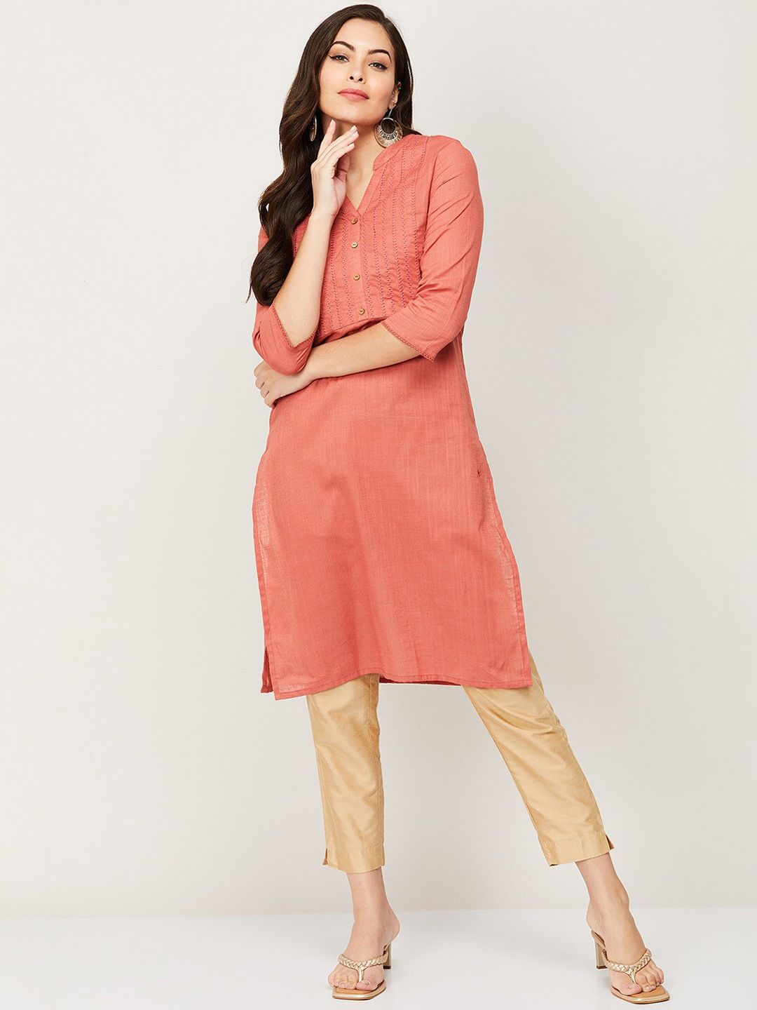 Melange by Lifestyle Women Pink Yoke Design Thread Work Kurta Price in India