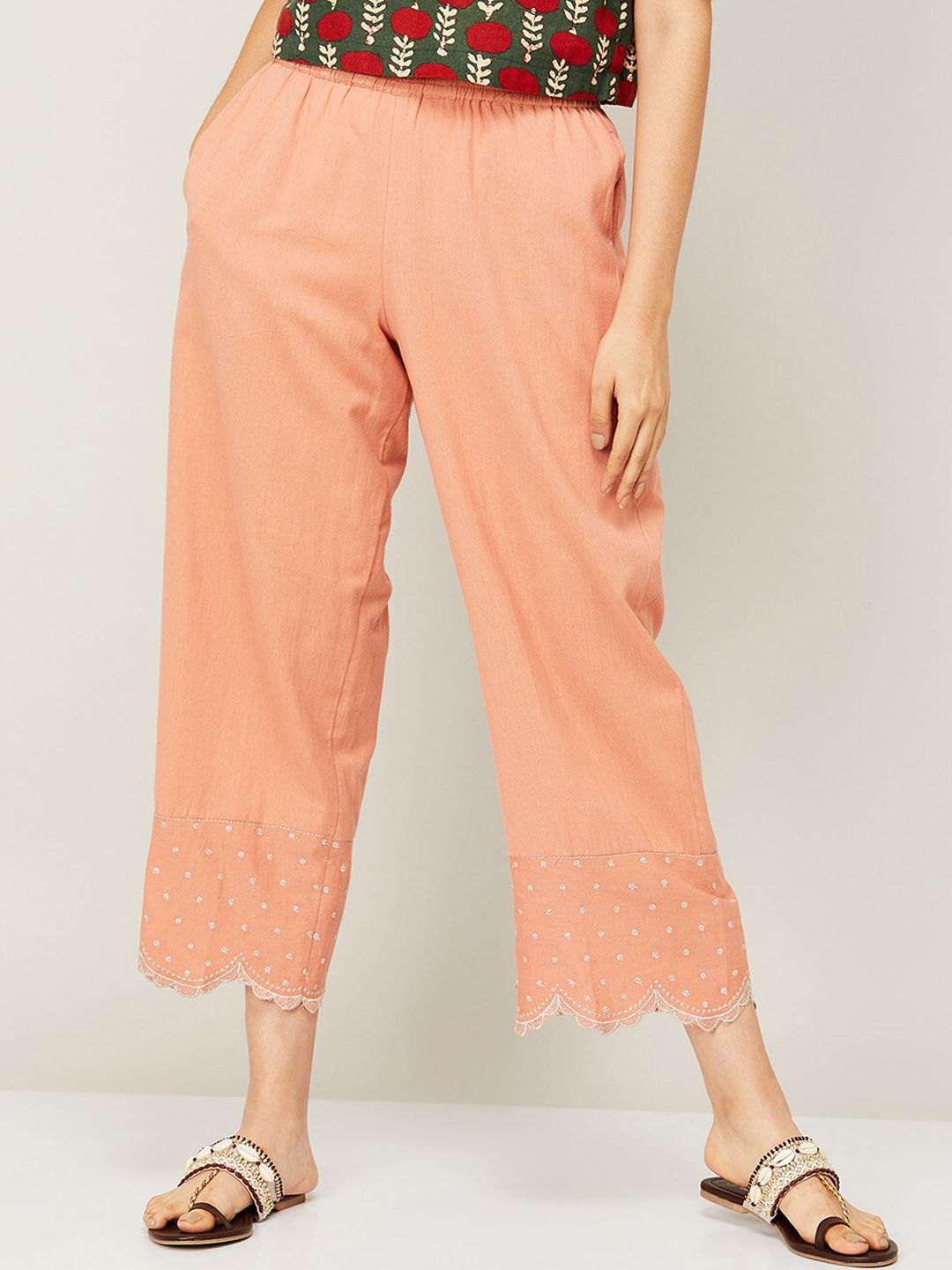 Melange by Lifestyle Women Orange Embroidered Trousers Price in India