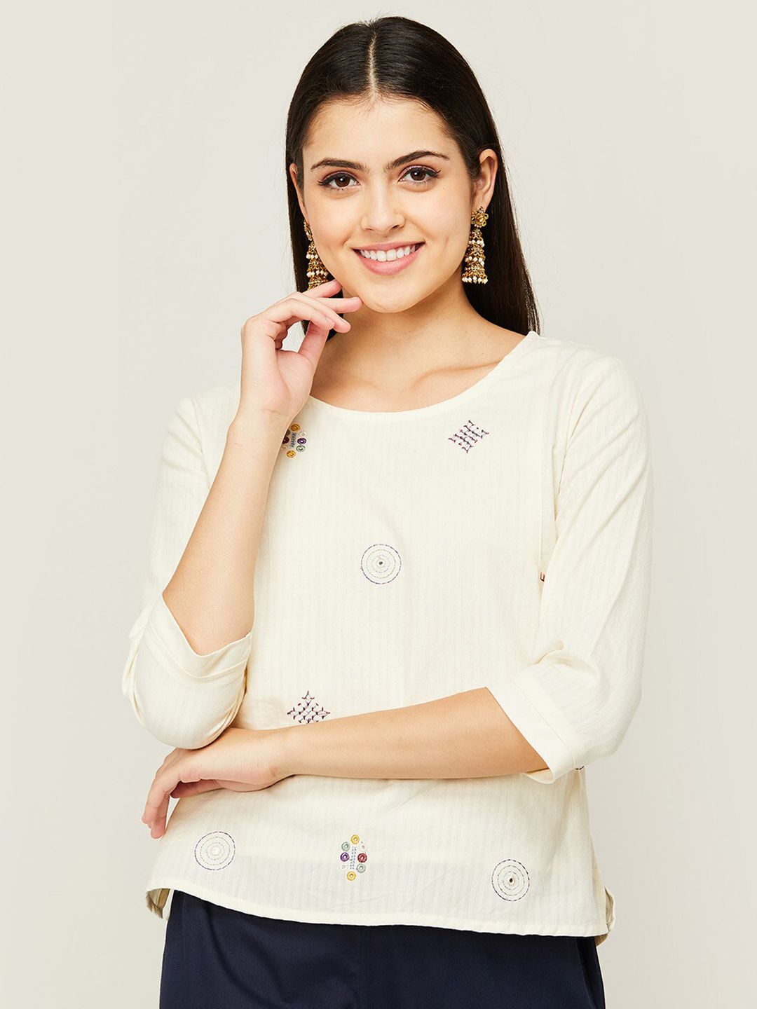 Colour Me by Melange White Embroidered Pure Cotton Top