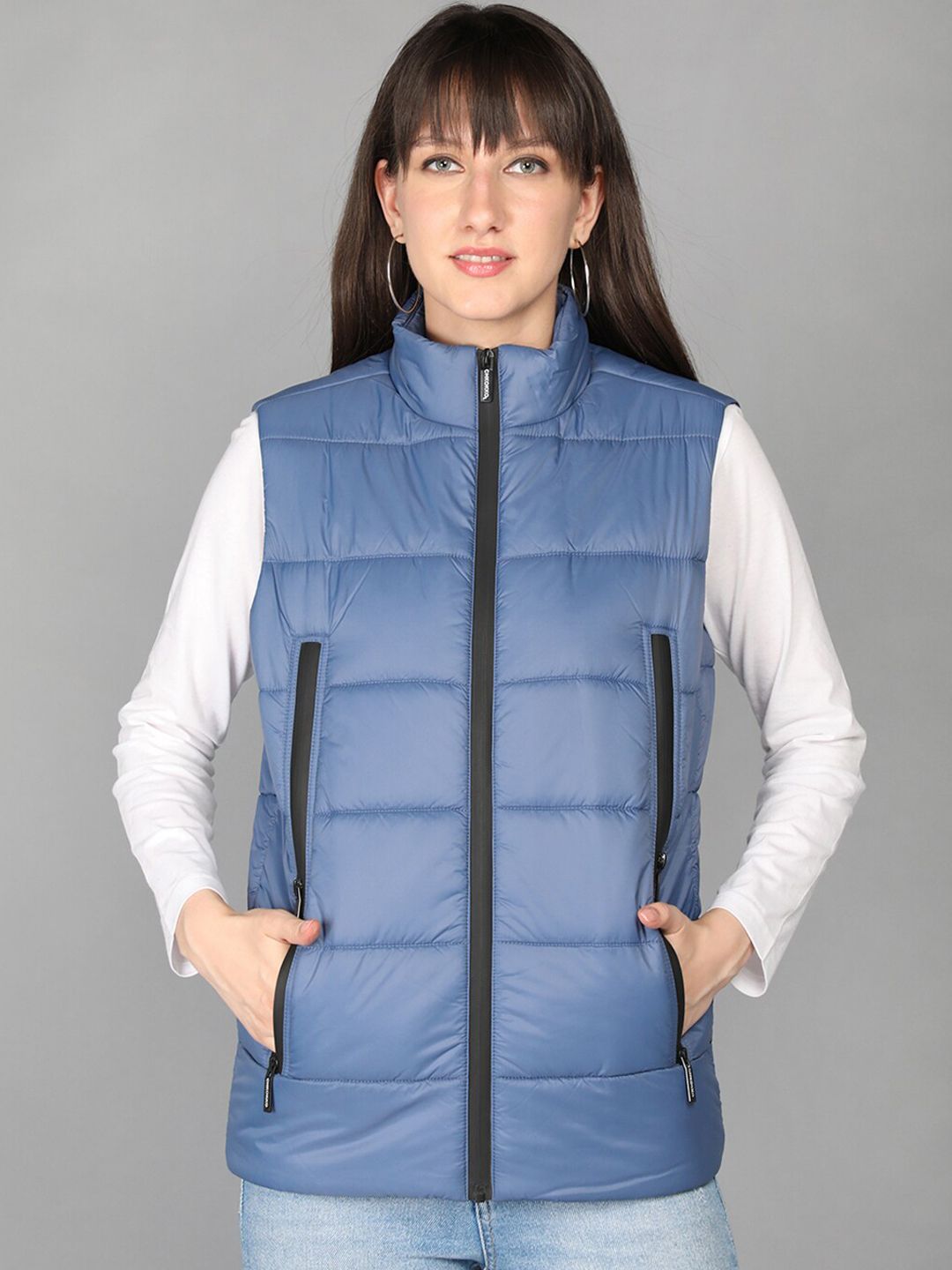 Chkokko Women Blue Colourblocked Lightweight Crop Outdoor Puffer Jacket Price in India