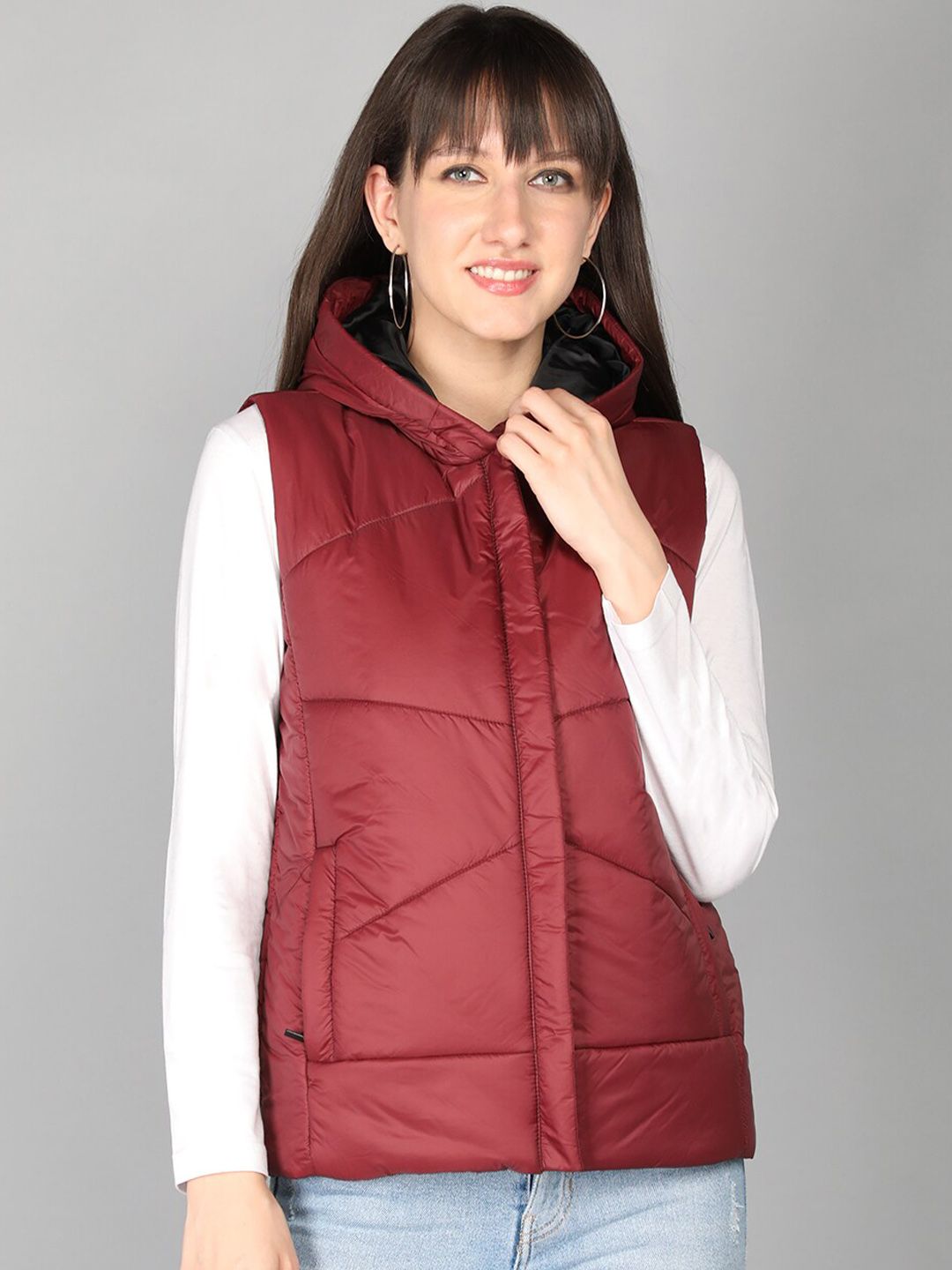 Chkokko Women Maroon rococco red Lightweight Crop Outdoor Padded Jacket Price in India